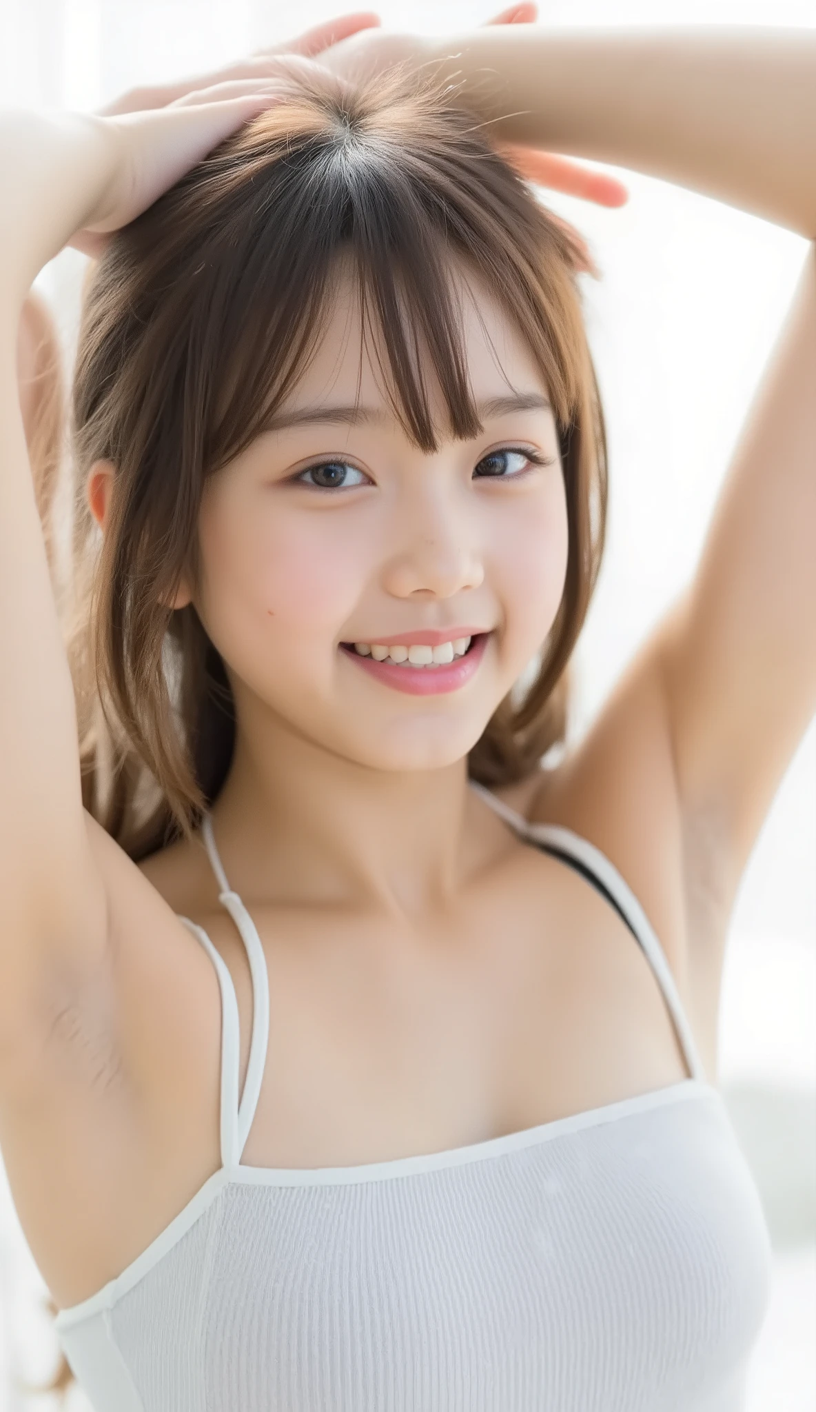 A masterpiece with incredible ultra-high resolution and perfect reproduction of every detail, shot with a SLR camera with SIGMA 135mm f/1.4 lens, The composition is perfectly balanced using a trichotomy, She is 14 years old, Japanese and an idol and actress by profession, (Hands behind head:1.4), (armpit:1.5), (Armpit line:1.4), She has beautifully thin, softly textured hair and beautiful pure white, ceramic-like skin, She has a slender figure, with a nipped-in waist that accentuates her curves. Her skin texture is very fine, with natural pores and subtle skin flaws that accentuate her realism, She is beautiful, graceful, , beautiful, pretty, charming, kawaii and all the beauty in the world, She is filmed from the front, thigh, very long hair, looking_at_viewer, bedroom, (Full body portrait:1.2), (Masochist expression:1.5), (Realistic skin texture:1.4), (fresh skin), RAW 画像, (A girl of about 14 years old with  eyes:1.5), (Showing off her armpits in an  pose:1.5), (Narrow your eyes and stare lustfully:1.5), jessicaaflx, タンクトップ,