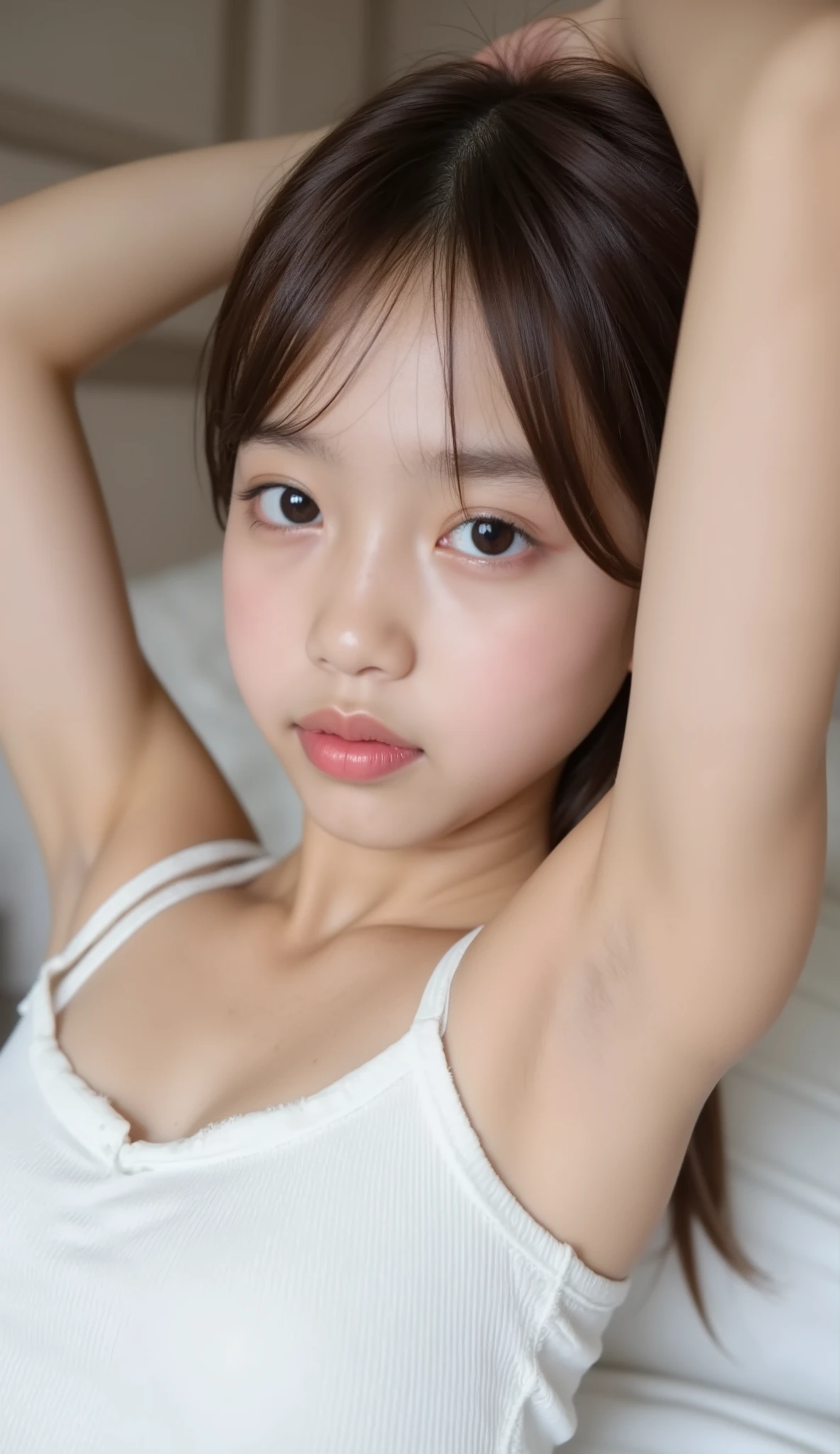 A masterpiece with incredible ultra-high resolution and perfect reproduction of every detail, shot with a SLR camera with SIGMA 135mm f/1.4 lens, The composition is perfectly balanced using a trichotomy, She is 14 years old, Japanese and an idol and actress by profession, (Hands behind head:1.4), (armpit:1.5), (Armpit line:1.4), She has beautifully thin, softly textured hair and beautiful pure white, ceramic-like skin, She has a slender figure, with a nipped-in waist that accentuates her curves. Her skin texture is very fine, with natural pores and subtle skin flaws that accentuate her realism, She is beautiful, graceful, , beautiful, pretty, charming, kawaii and all the beauty in the world, She is filmed from the front, thigh, very long hair, looking_at_viewer, bedroom, (Full body portrait:1.2), (Masochist expression:1.5), (Realistic skin texture:1.4), (fresh skin), RAW 画像, (A girl of about 14 years old with  eyes:1.5), (Showing off her armpits in an  pose:1.5), (Narrow your eyes and stare lustfully:1.5), jessicaaflx, タンクトップ,