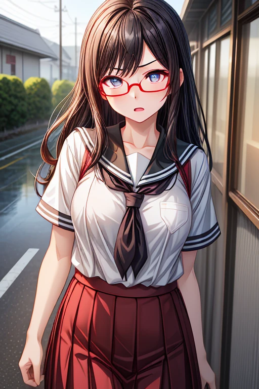 School、locker room、Change of clothes、、high school girl、While taking off your sailor suit、white bra and panties、、low length、(((((Eyes hidden by long bangs)))))、((([freckles:0.6]、long black hair:1.2　hair band)))(((black rim glasses:1.2　black eye)))、locker、looking here、Side view、whole body,official art、High resolution、hyper detail、
