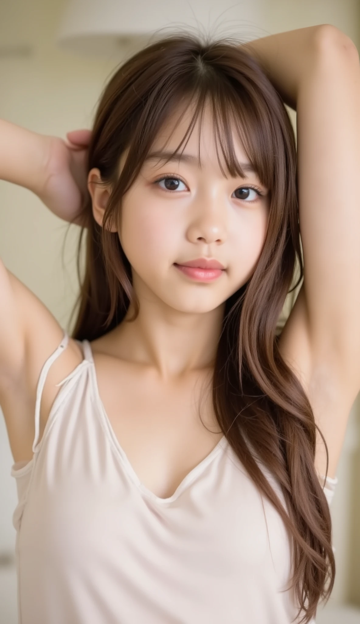A masterpiece with incredible ultra-high resolution and perfect reproduction of every detail, shot with a SLR camera with SIGMA 135mm f/1.4 lens, The composition is perfectly balanced using a trichotomy, She is 14 years old, Japanese and an idol and actress by profession, (Hands behind head:1.4), (armpit:1.5), (Armpit line:1.4), She has beautifully thin, softly textured hair and beautiful pure white, ceramic-like skin, She has a slender figure, with a nipped-in waist that accentuates her curves. Her skin texture is very fine, with natural pores and subtle skin flaws that accentuate her realism, She is beautiful, graceful, , beautiful, pretty, charming, kawaii and all the beauty in the world, She is filmed from the front, thigh, very long hair, looking_at_viewer, bedroom, (Full body portrait:1.2), (Masochist expression:1.5), (Realistic skin texture:1.4), (fresh skin), RAW 画像, (A girl of about 14 years old with eyes:1.5), (Showing off her armpits in an pose:1.5), (Narrow your eyes and stare lustfully:1.5), jessicaaflx, タンクトップ,