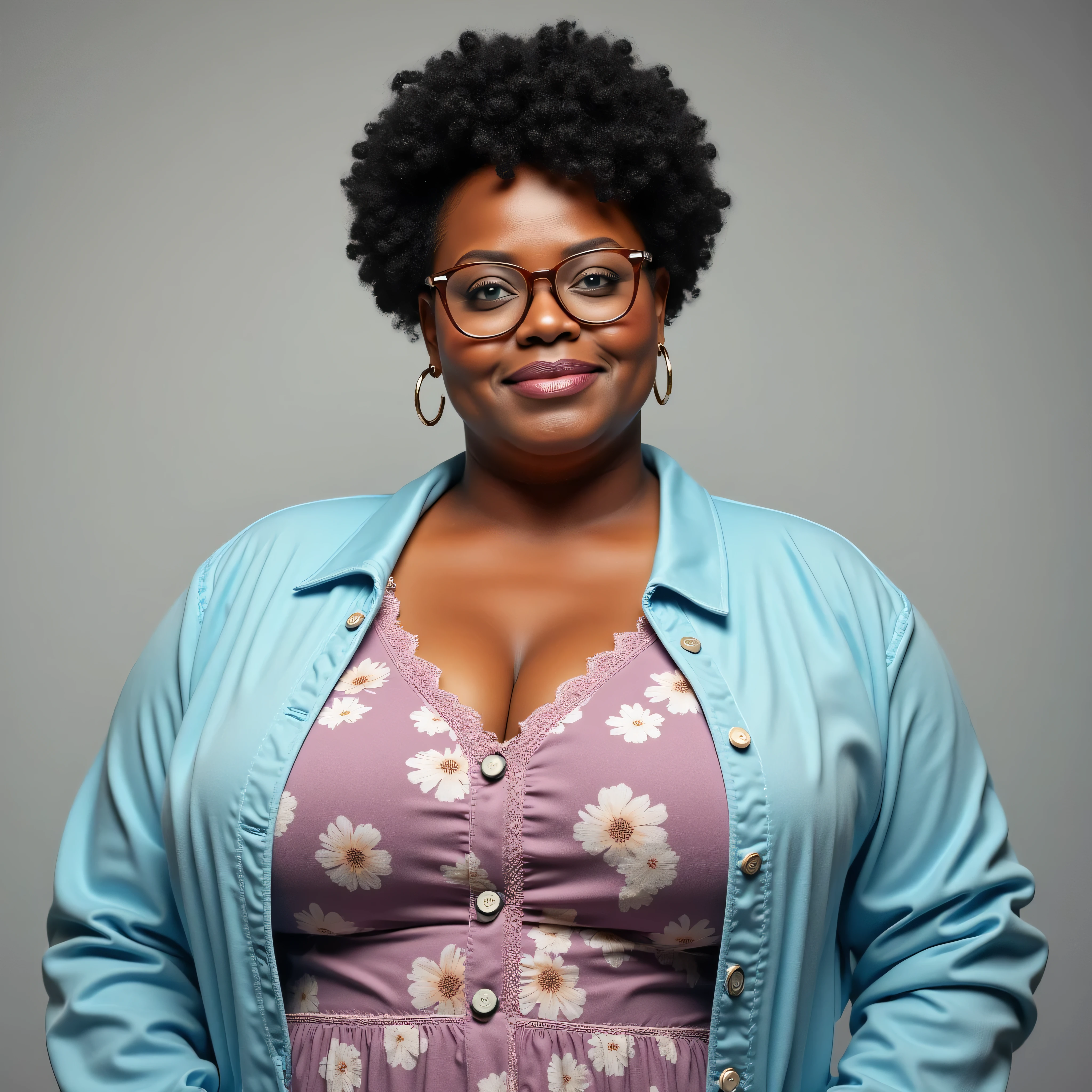 A realistic, high resolution photograph of a beautiful African-American woman in her 40's; full body frontal view facing the camera with her arms at her side, looking at the camera. There is extra space in the photo above her head. She has an curvy, plus sized, fashion model figure with very large rounded, uplifted breasts, very large hips, and an a medium waist. She has very short curly black hair in a tight afro. She has a beautiful heart shaped face with thin lips, a small nose, a short, thick neck and ears that lay close to her skull. She has blue eyes, an latte complexion and wears a pair of vintage wire rimmed reading glasses with thin half moon frames that are wider than they are tall. Her lips are closed and she has a mischievous smirk. She is wearing a mauve flower print cotton dress with soft pink lace trim and buttons down the front and a baby blue doctor's lab jacket. The rounds of her breasts are well defined beneath her clothing and you can see a bit of cleavage. There is no one else in the photo. There is extra space above the subject’s head and centered composition — suitable for magazine-style layout or cinematic framing.