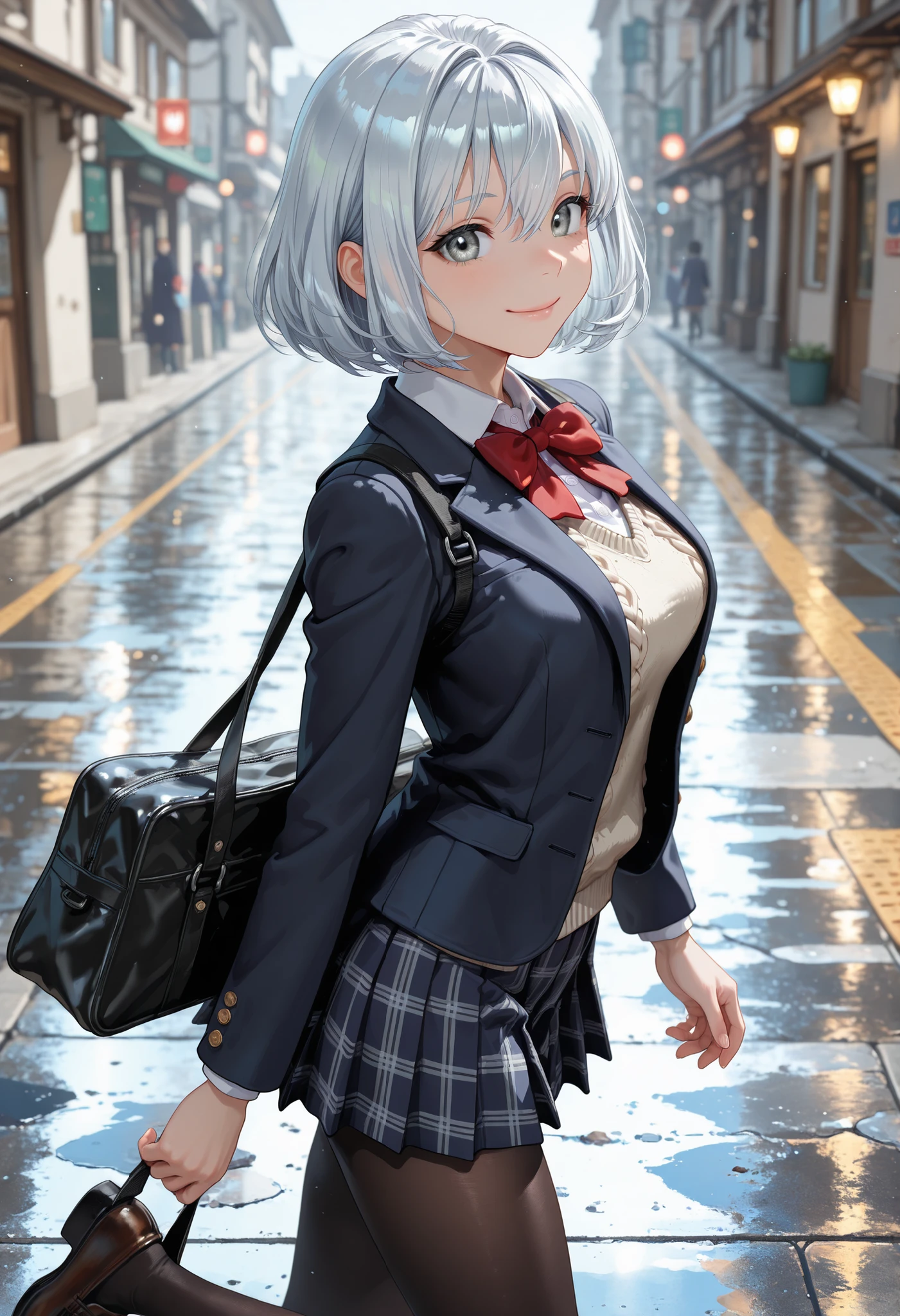 (From side:1.4), (from above:1.4), cowboy shot, masterpiece, best quality, amazing quality, very aesthetic, high resolution, ultra-detailed, absurdres, newest, scenery, BREAK, depth of field, volumetric lighting, (masterpiece, best quality, absurdres, detailed,perfect quality, amazing quality, very aesthetic, absurdres, newest, ultra-detailed:1.2), extremely detailed, modern, very awa, crisp, sharp, beautiful eyes, fine textures, clean skin, 1girl, 18yo, BREAK ((silver hair:1.5),bob cut, bang between eyes), ((glossy silver eyes:1.5)), (cute eyes, tareme, twinkle eyes), (large breasts), cute face, beautiful face, pretty face, beautiful, good anatomy, long eyelashes, expressive eyes, Perfect Hands, happy, one eye close, smile, glossy lips, perfecteyes, BREAK 1girl, (wearing a black coat over a blazer and knit vest style school uniform:1.5), two-piece layered tops, (wear a navy blazer jacket) over a (white collared-shirt:0.5), Layering, separating a long sleeved navy blazer jacket and white collared-shirt, (outerwear is navy blazer jacket), navy long sleeves, innerwear is white collar exposed from V-neckline, outer jacket is navy, (white collared-shirt:0.5) with big red ribbon bow on neck, only exposed dark-navy plaid skirt-hem, navy pleated mini skirt, ((dark-brown pantyhose, loafers):1.2), brown loafers, BREAK (holding one black school bag), BREAK 1girl, morning, rainy, street, a cute anime girl, (dynamic posing:1.2), BREAK soft lighting, (masterpiece, best quality), (cute, 8K, perfect lighting, perfect anatomy), absurdres, (best quality), (ultra-detailed:1.2), high res, very aesthetic, ultra-detailed, cinematic, masterpiece, best quality, sharp outline, detailed eyes, high gradient eyes, high definition eyes