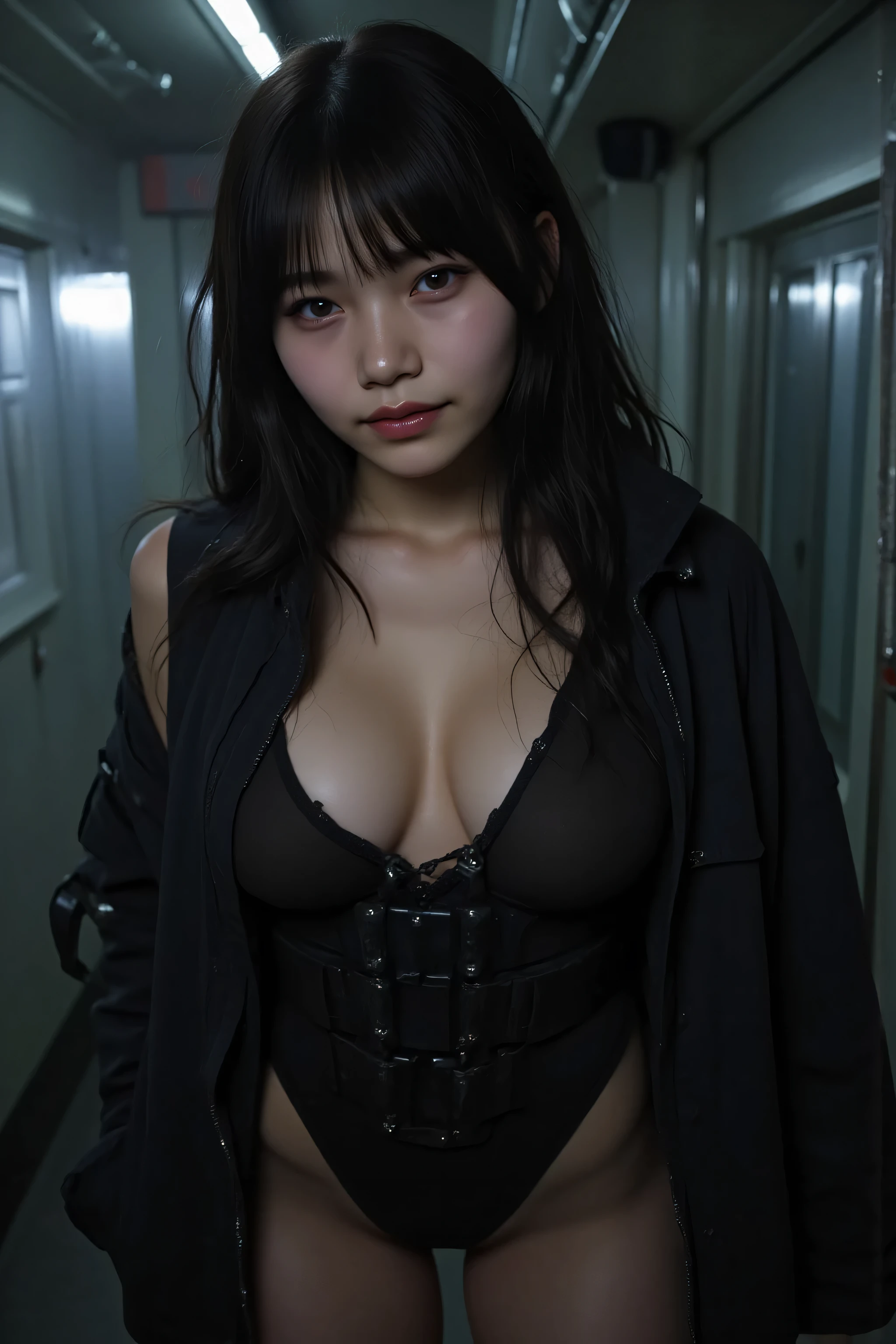 (((The pitch-dark interior of the Nostromo ship:2.0))),(((HR Gigger Style Cyberpunk Atmosphere:2.0))),one woman,(cute faces getting creampied:1.5),(Beautiful well-balanced face :1.7),((wavy black hair:2.0)),(beautiful eyes:1.3),Glamorous Shot of a 20-Year-Old Japanese Woman,Beautiful Slender Body,((model body type:2.0)),((slim body:1.7)),perfect body line,ideal proportions,((big breasts:2.0)),((F cup chest:1.5)),big boobs,Bare thighs,sensual thighs,delicate body,(muscular:1.7),Harmonious Postures,((Realistic breast depiction :1.7)),((Carefully Depict Limbs Based on Perfect Anatomy:2.0)),((Super Hi-Leg Leotard with Black Special Forces Style Harness:2.0)),((super high leg leotard with wide open chest:2.0)),((((Black Military Jacket with Open Front:2.0))),((tactical holster:2.0)),(((Fishnet tights with garter belt:2.0))),(Gloves:1.3),Concept Art,(Highest Quality:1.5),(masterpiece:1.5),(超高Resolution),Resolution,UHD,(Delicate Description),carefully drawn,32k,((realistic skin texture:1.5)),(((Ultra Realistic:1.5))),carefully drawn eyelashes, Highly detailed faces,highly detailed female hands,sexy appearance,very sensual,(Blurry, dim background:1.5),professional photography,(Movie Lights:2.0),((Blade Runner Style Lighting:2.0))