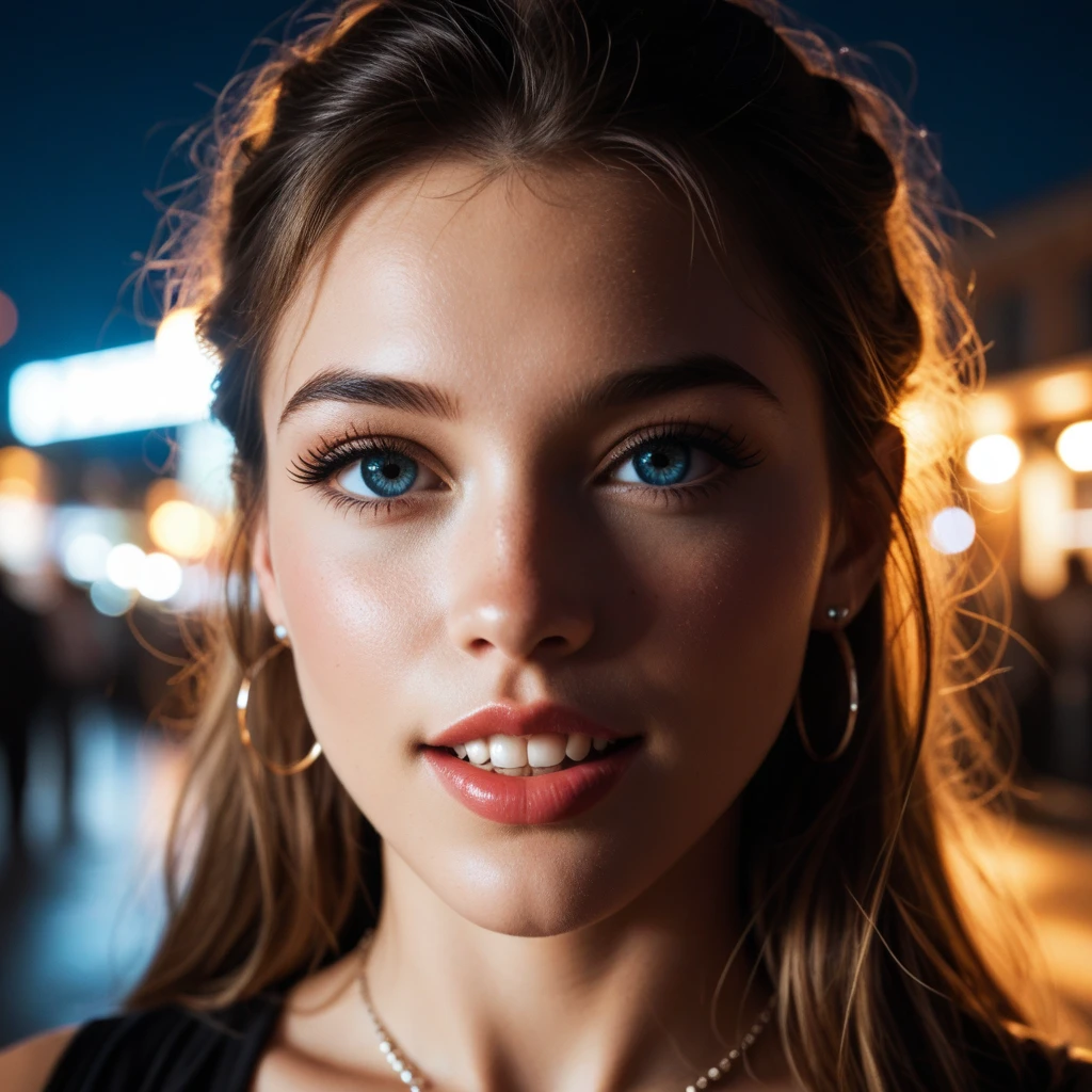 (Selfie, Draufsicht: 1.4), (straight half of the body: 1.4), RAW UHD portrait photo of a 14-year-old blonde (Blue-eyed woman) Emma Watson in  sportswear, ,, Stadt bei Nacht, (Rock), (Ausschnitt), Details (Gewebe! , Haar! , Glitzer, Farbe!! , Benachteiligungen: 1.1), shiny eyes with high level of detail (Blick in die Kamera), SLR-Beleuchtung, Spiegelreflexkamera, ultra quality, Sharpness, Depth of field, Filmkorn (Mitte), Fujifilm XT3, kristallklar, Rahmenmitte, Beautiful  face, Scharfer Fokus, Streetlight, Neonbeleuchtung, bokeh (schwach beleuchtet), Nacht, (Nachthimmel), Detaillierte Hautporen, Oily skin, Sonnenbrand, Komplexe AugenDetails, full entire body, big 