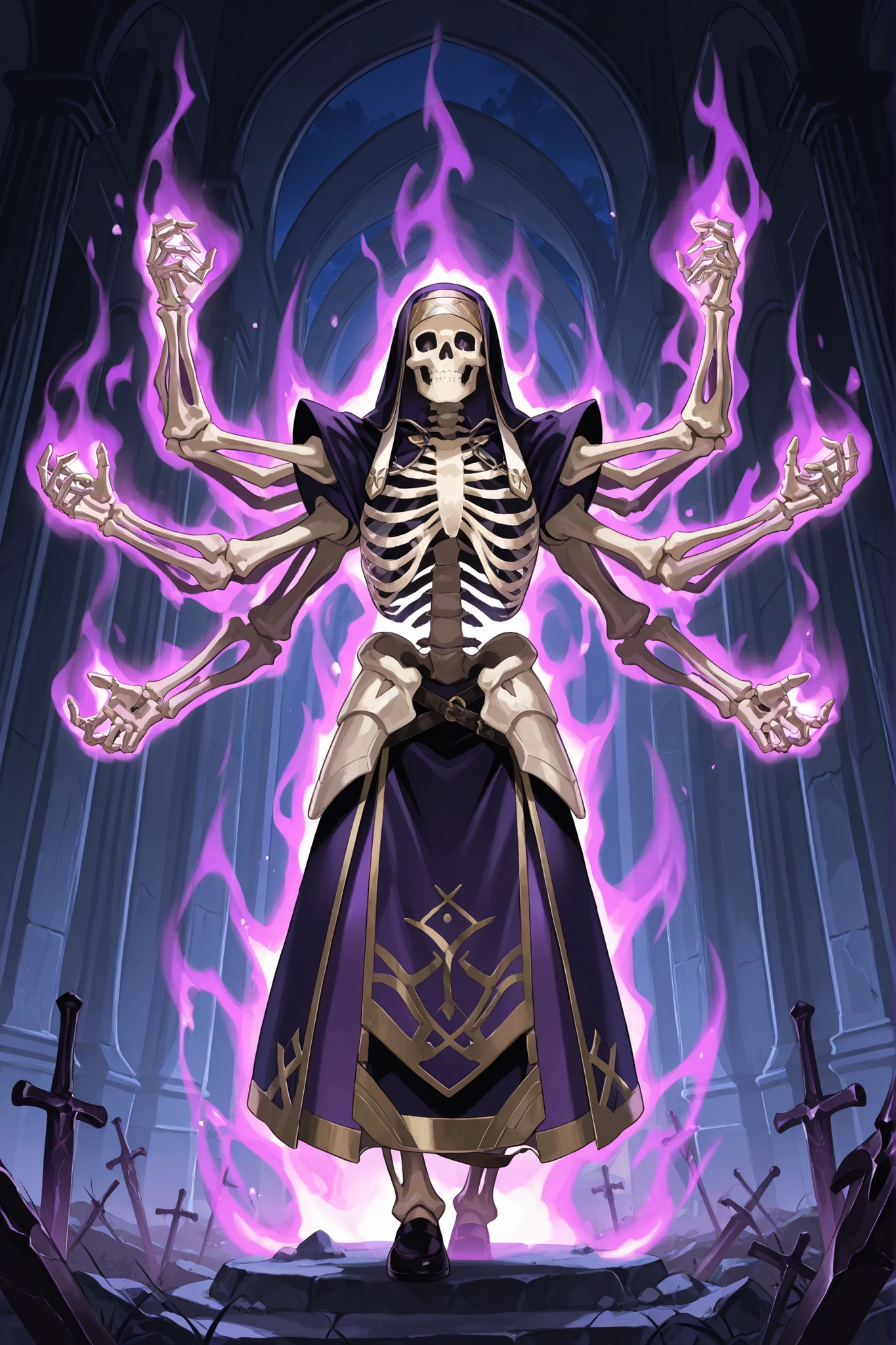 Skeleton Monster、Skeleton Monsterは背中から8本の腕が生えている、It grew from the ground8The monster with the book's arms outstretched、The background is a dark graveyard、night、 in detail、Top Quality、Many arms grow from a skeleton、and has a purple aura、purple smoky aura