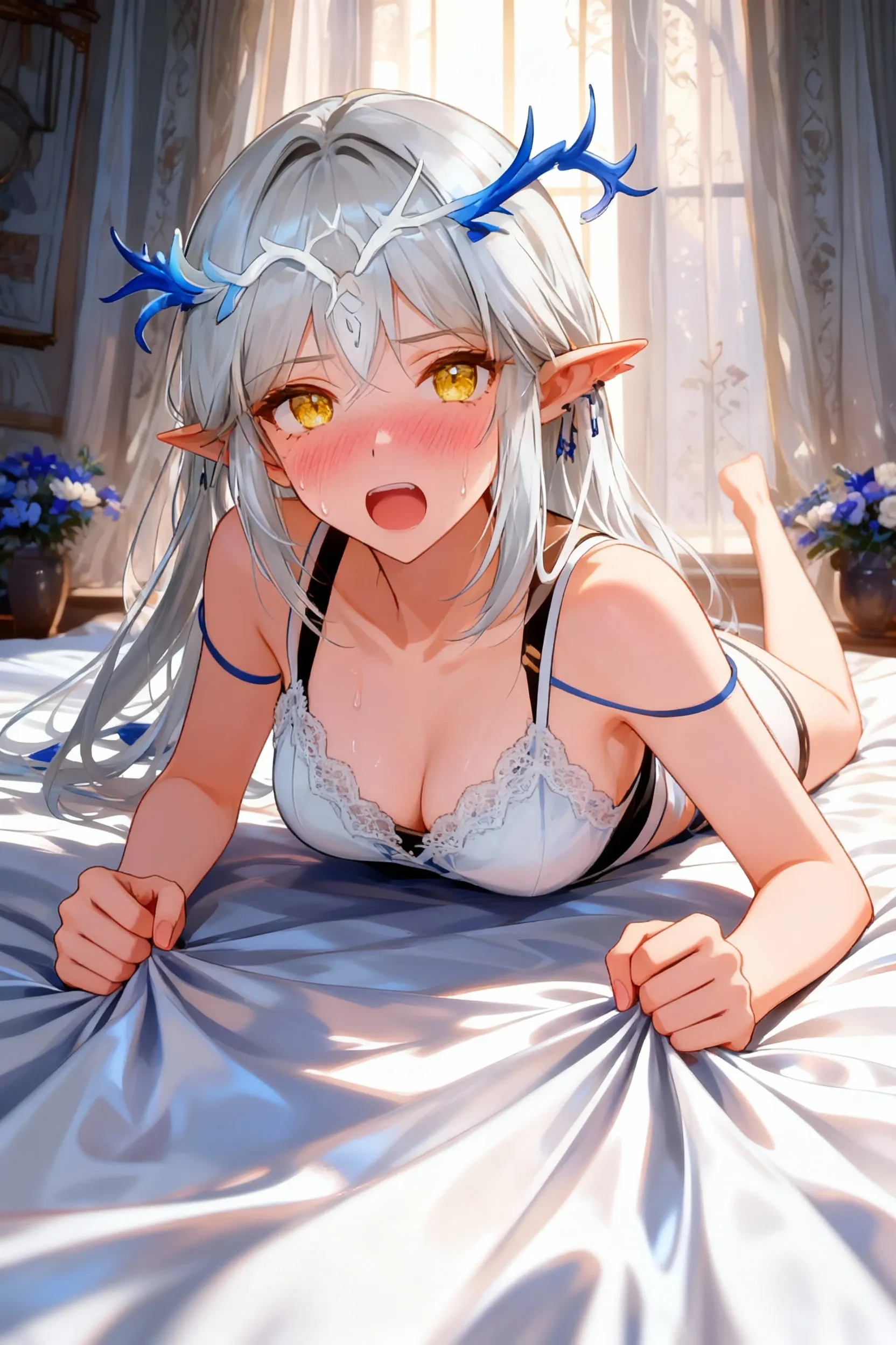 ４ｋqulity, top-quality, , big ??????,）on the beds, show ???????, １６age,　sexypose, ultra-mini beautiful lingerie and stocking,witching beauty legs, closing eye　Feeling face　Love　???, show ??????? rupture,white tight dress , curly hair, hair down, forehead, white hair, with clear beautiful blue eyes, beautiful skin,sun rays,  beautiful smile, white color hair,hair over shoulders, elf, (elf earig ???????, mommy)