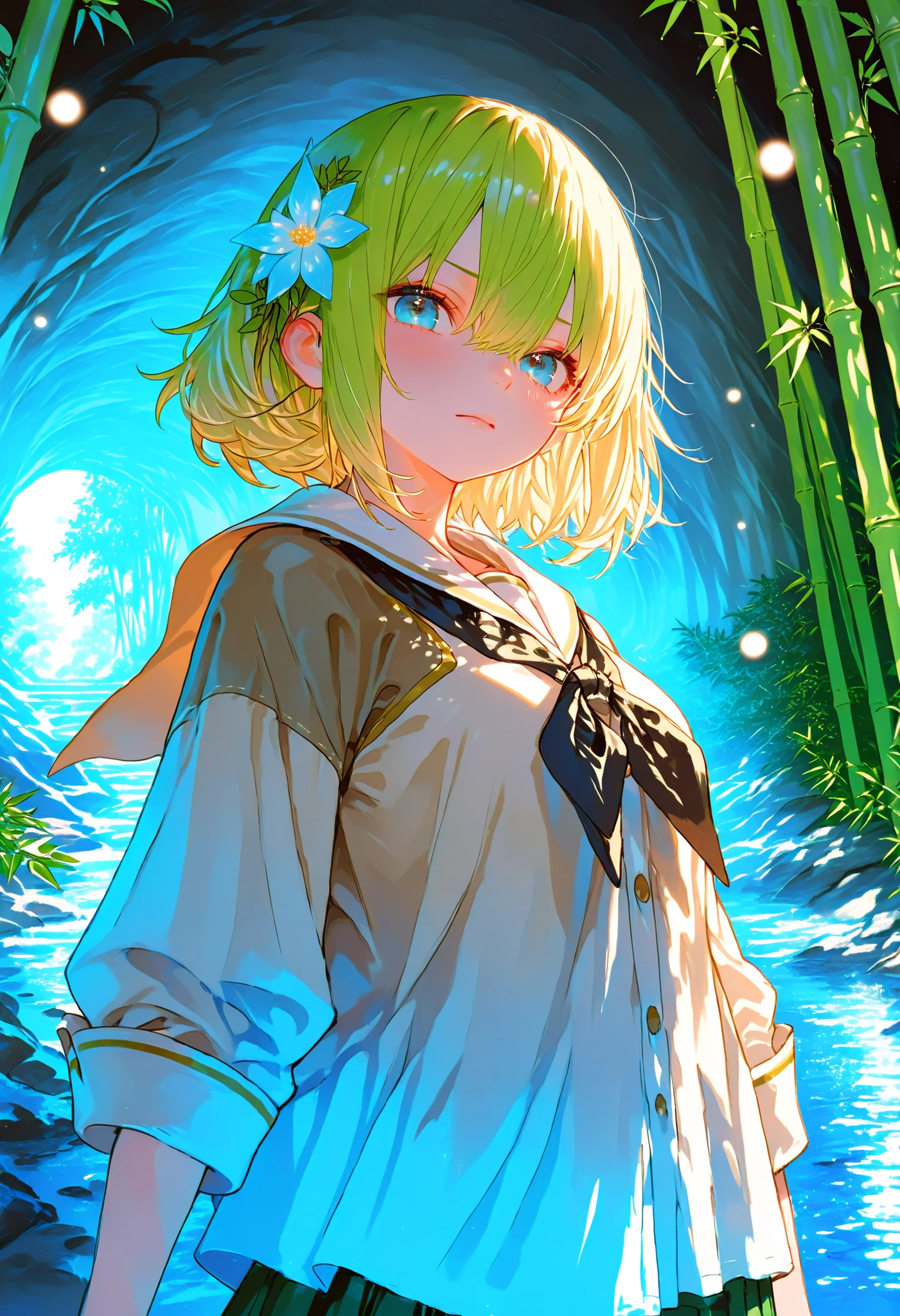 A girl who goes on an adventure in a huge underground cave in search of sparkling ores、cowboy shot、slender body、serious expression、Attitudes Like Leading Explorers，((There are countless ferns growing))、Bamboo is not growing、Bright Ore Shining in the Dark、A fantastic underground lake、 Chokehole、Stalagmite 、Beautiful Scenery Woven by Ice Bamboo Shoots、Complex Stratigraphic Structures Over Time、Mankind's First Subterranean Expedition、grand and mystical atmosphere high resolution、super definition、Realistic、High Quality、4K、Pictorial Texture、Professional Finish、soft lighting、Highly Detailed Paintings、physics-based rendering、vivid colors、bokeh