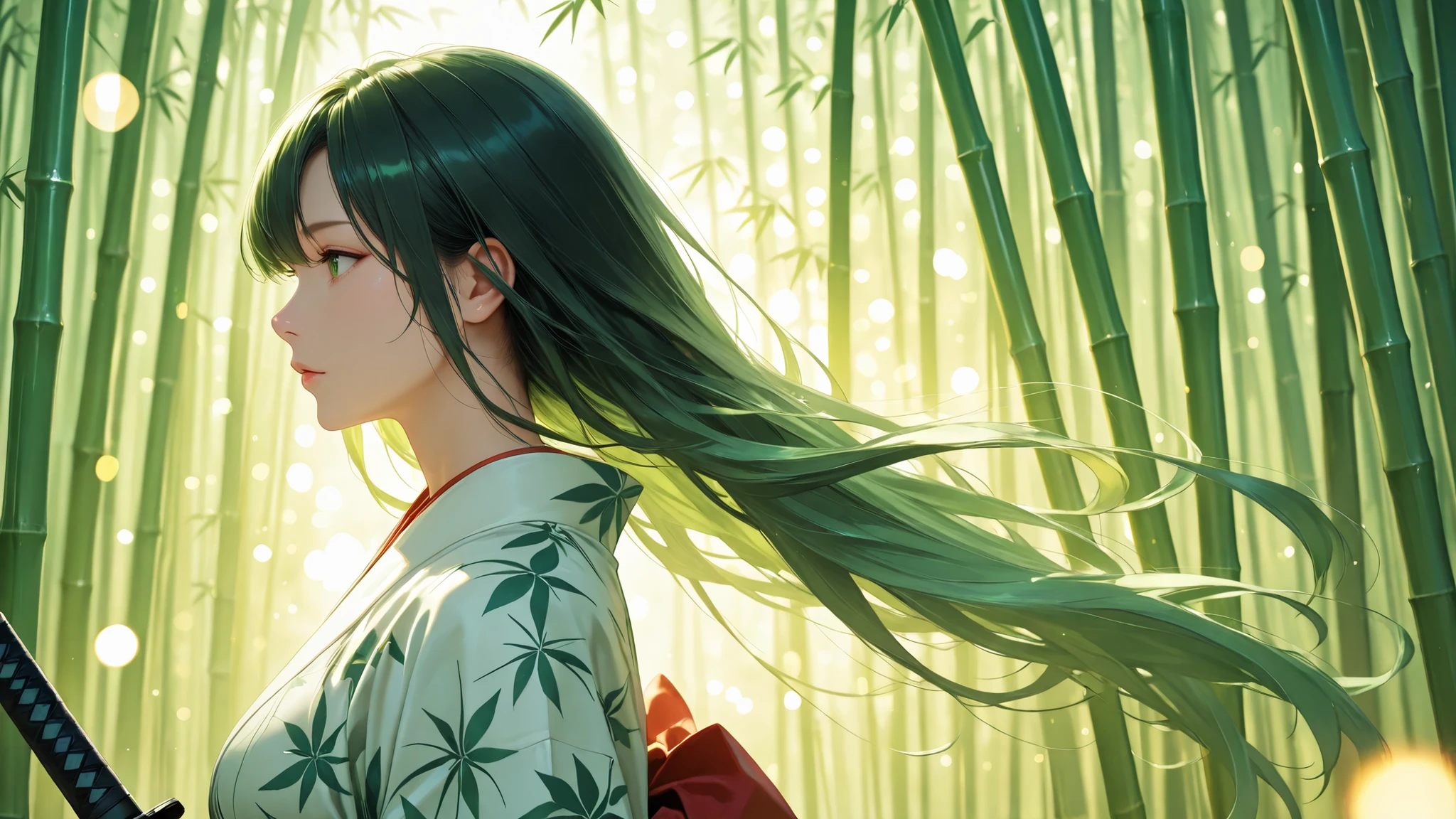 detailed hair, detailed background, detailed face, intricate, 1girl, (solo:1.3), (lips, woman, mature female, tall, mature:1.3), mystical forest, (mole under eye, bangs, hime cut, sidelocks, very long hair,lipstick, eyelashes:1.2), sitting on the ground, expressionless, kimono, black kimono, (green hair:1.3), (black eyes:1.4), (petals, falling petals:1.3), (dusk, night, evening:1.2), cinematic lighting, (light rays:0.7), grass, nice hands, parted lips