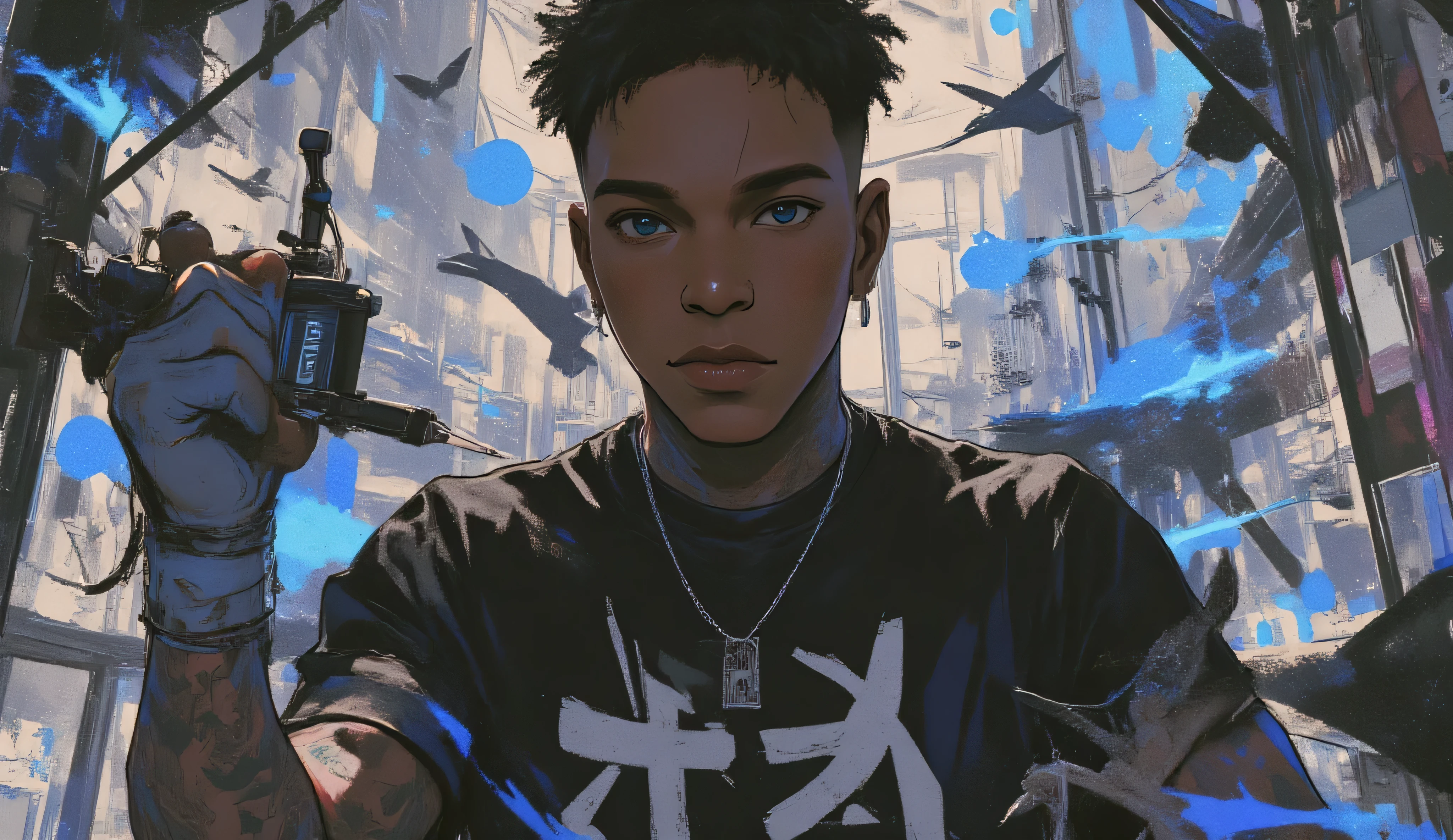 Black man in a surreal digital collage, tattoo artist theme — he holds a tattoo machine, surrounded by glowing orbs of blue and grey energy, cranes flying around him, and abstract symbols like lizards and geometric forms. His expression is deep, introspective — representing ‘The Inner World of the Autism Spectrum’. The composition feels like a new album cover, a contemporary mixed-media collage with surreal elements, high definition, detailed textures, artistic balance and powerful emotional presence. Title: ‘Look at Me’. Color palette: black, grey, and blue.   Crazy woman by Tattoo Artist ,The man said 「Which design do you live」,Black,grey,blue, surreal collage、a contemporary artistic collage、collage artwork、  New Album Cover  、 Great Job !! 、digital collage、(collage )、collage art、contemporary collage、mixed media collage、  surreal +      is high definition 、  surreal style、convertible、    Call It the Inner World of the Autism Spectrum、Look at me、Tattoo, Tattoo Machine , Design Catalog ,トカゲ , alignment ,cranes, orbs of glowing energy