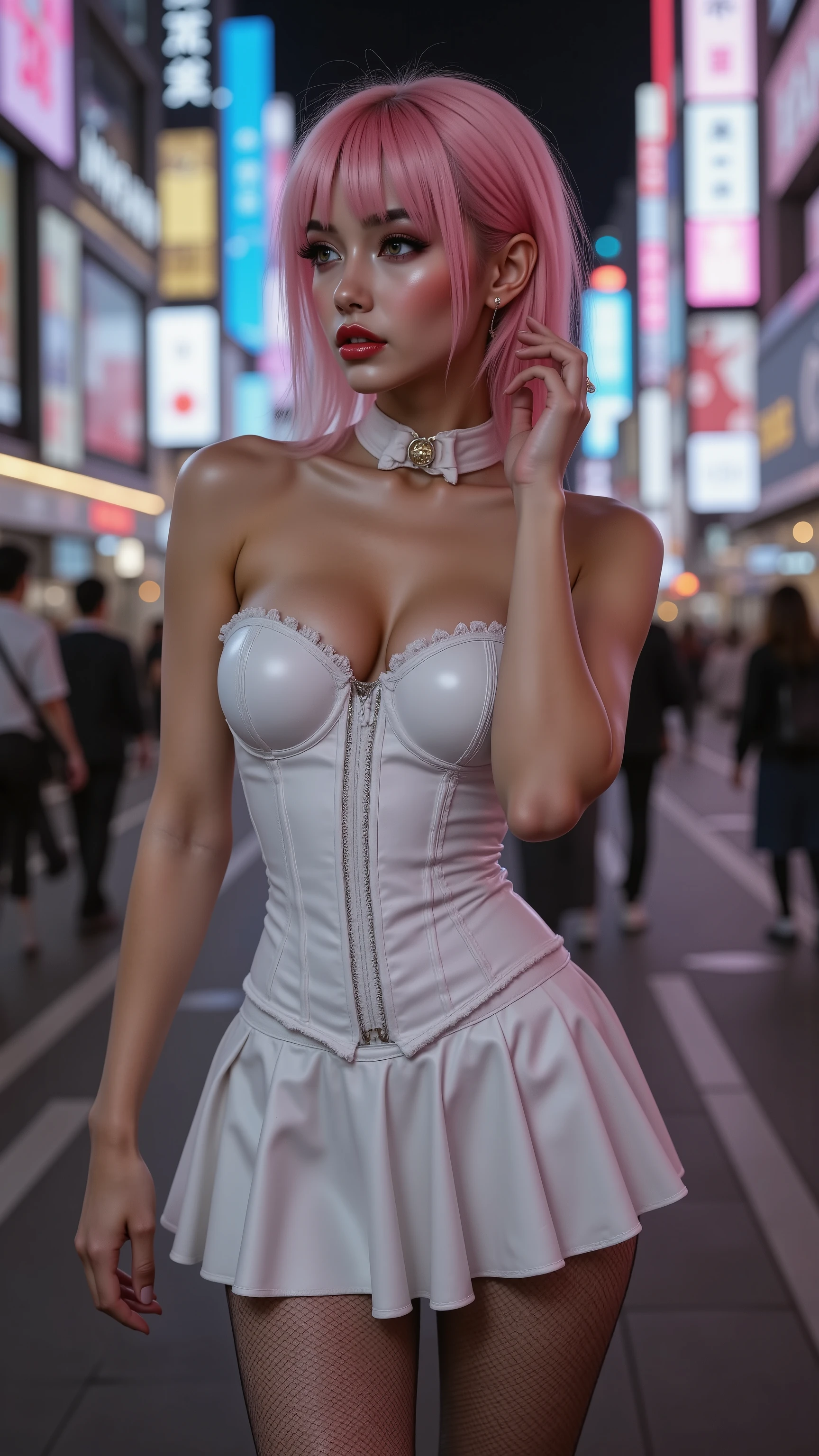 Ultra-realistic (photorealistic Realism) , "UHD, Hyper high resolution" - "(Hyper quality, intricately ultra-detailed digital art)" (Key Directive: - ("The priority is the anatomical accuracy and texture of the materials" - "Ultra-sharp human eyes with biological accuracy") (realistic texture details: velvety skin, hair), (pink hair((slicked to one side)), intricately detailed:1.3), long Lashes: individual synthetic fibers (crosshatched roots:1 . 2 , clump-free separation), (Carefully draw Long mascara:1.22) [perfect dark eyeshadow:1.2][glossy red lipstick:1.3], professional Magic Makeup on eyes:1.3, perfect composition. Eyes "(acid-resistant terminology) (macro-details:1.5): * Moist corneal surface (visible aqueous layer:1.2) * Hyper-detailed iris eyes (green with orange sparkles) * Precise limbal ring (slightly darker pigmentation:1.3) * Pupil micro-texture (irregular edge authenticity:0.9) * Vasculature in sclera (subtle blue veins radiating from limbus)" (Avoid: "pupil distortion , uncanny valley asymmetry , plastic-like wetness"), [wearing (Versace leather corset (extra smooth, shiny leather, tightly laced at the waist, body-hugging), extremely detailed:1.25)] , [white mini skirt, pleated leather], [fishnet stockings], ((thick thighs, wide hips, perfect female body)), ((firm and full breasts)), (Super beautiful), generate hands anatomically correct. [2/5 side shot], {((Shibuya at night, Shibuya at night, a lost woman:1.3)), extremely detailed , sharp , clear , photorealistic image, without shadows , dslr}, The attention to detail, focus of girl, dynamic pose, sexy and seductive, flirty smile, dslr, high quality split lighting, sharp focus captured by Fujifilm XT3, f 5.6, in a dramatic lighting, (perfect composition),
