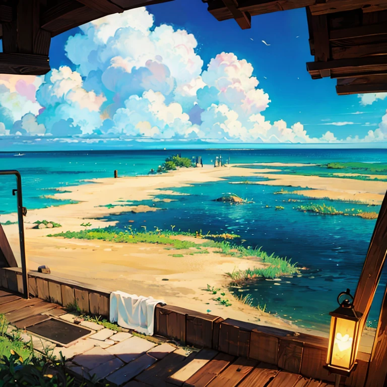 there is a picture of a beach with houses and a bridge, anime background art, summer street near a beach, anime style cityscape, anime scenery concept art, long beach background, beautiful anime scenery, anime scenery, in style of makoto shinkai, style of makoto shinkai, inspired by Makoto Shinkai, background art, hd anime cityscape
