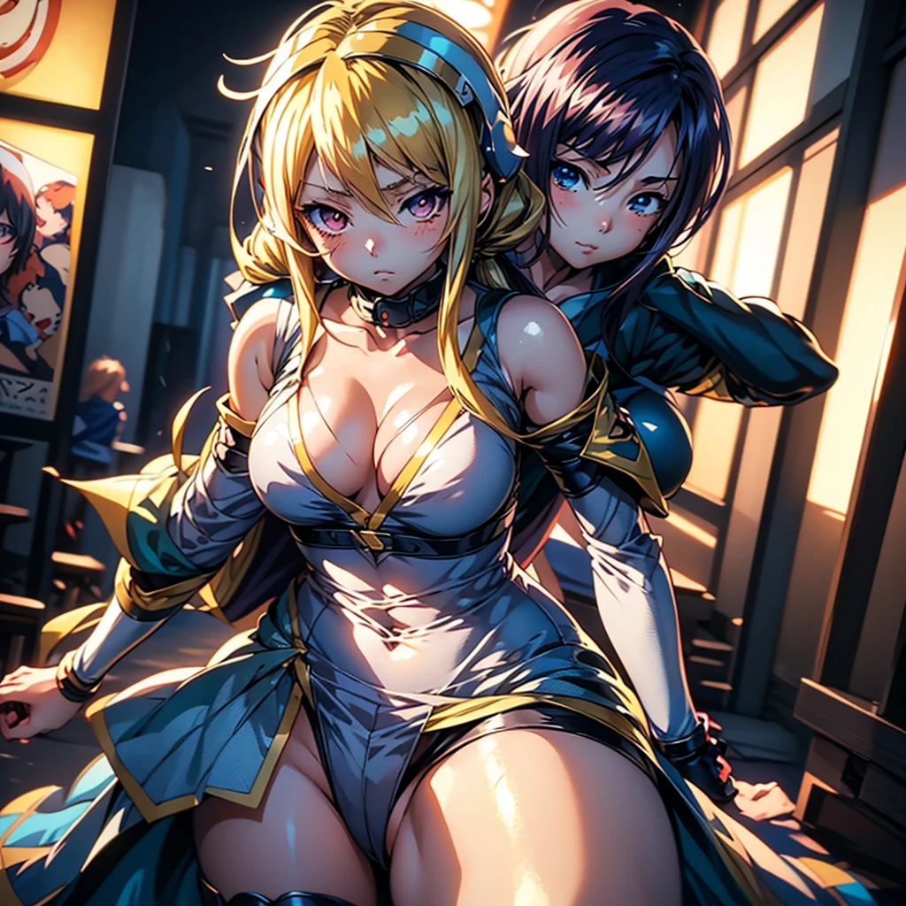 エレガントなMature Woman, beautiful, Two people, Two ,Long Hair,Mature Woman,compensate,eyelash,blush, lipstick, masterpiece, Highest quality, Very detailed, Blonde,Blue Hair,Fantasy , a Anime in armored dress holding a sword
posing for a picture, evil smile, smile, Open your mouth, breastplate with open Cleavage, Cleavage, warrior outfit,  anime style, Anime,  style, (Browsing Caution) Not safe at work, , Digital anime art!!, Anime Style, Official artwork, Visual Novel CG, beautiful anime girl, Anime Style 4k , Loincloth, Exposed abdomen, Exposed navel, Exposed abdomen, Exposed underbelly, Pencil Skirt Armor, city,inside city
