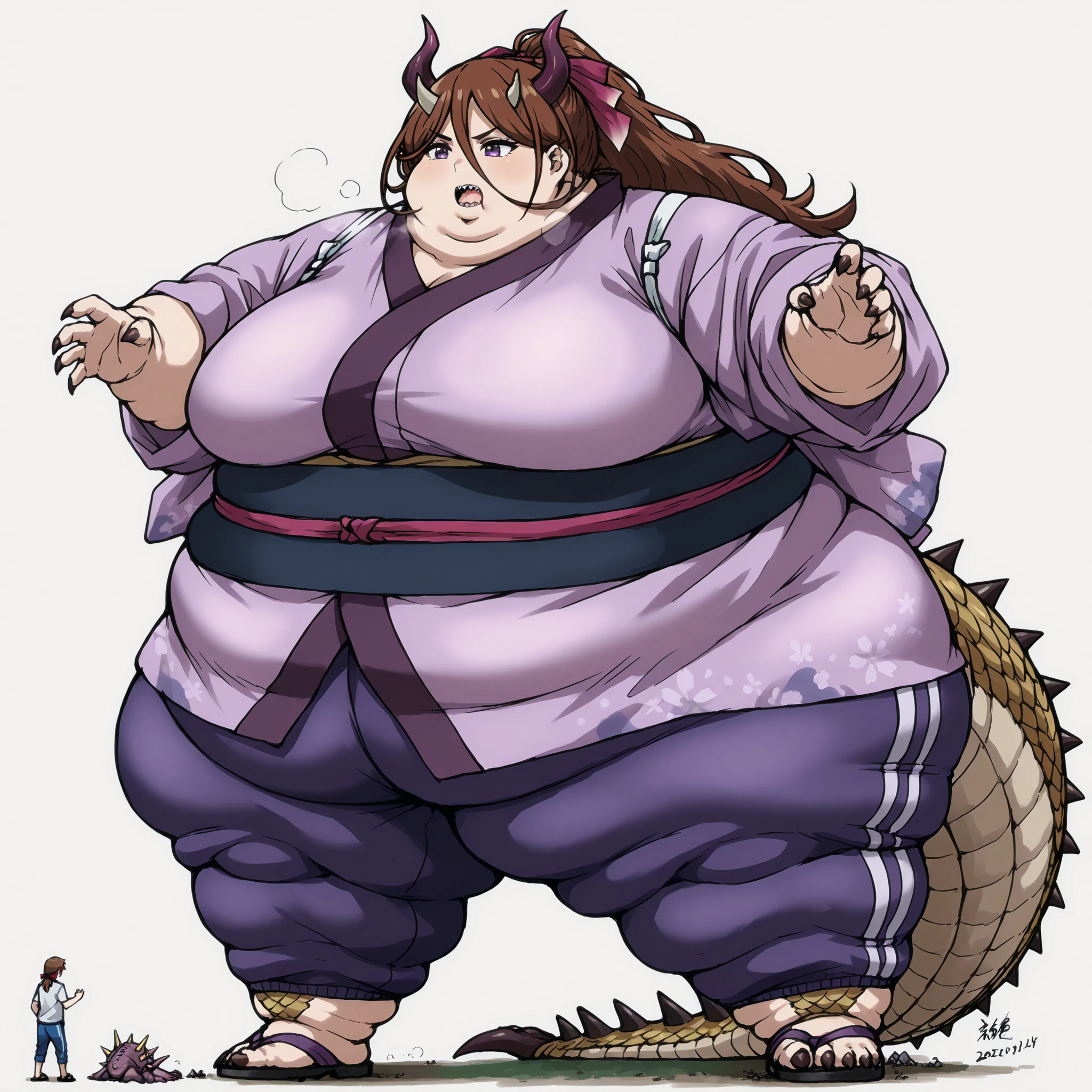  tail scales,kaiju,(horns:2),thick thighs,tail,(claws:1.2),(sharp teeth:1.4),(spikes:1.5),(monster:1.5),monster girl,giantess,giant,two-tone scales,scalie,alien, 1girl, solo, kenshinsatsuki, purple eyes, brown hair, hair between eyes, hair ribbon, long hair, ponytail BREAK
purple kimono, blue sweatpants, sandals, fat, chubby, obese,, big breasts open mouth, out of breath, Larger female, full body shot, 