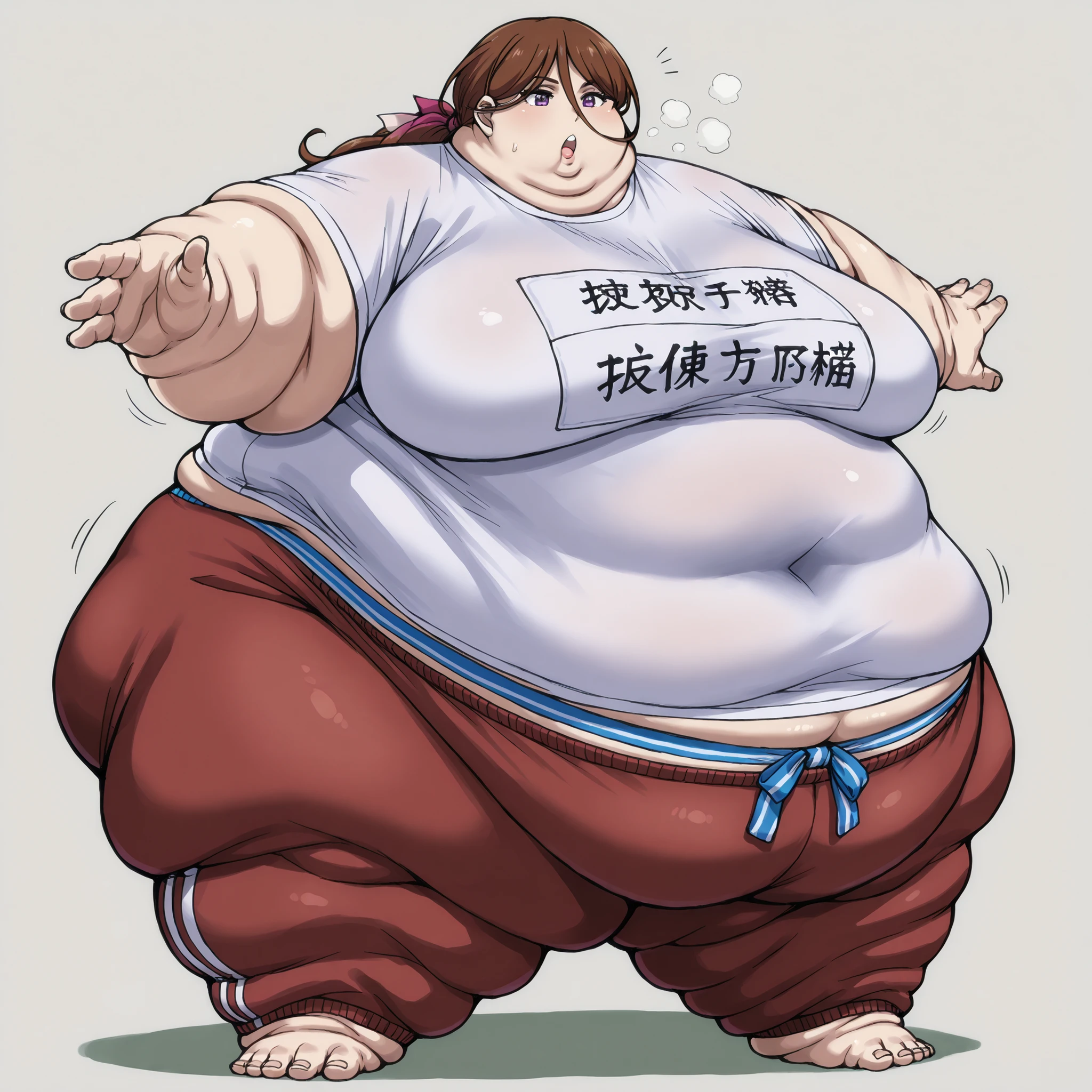 kenshinsatsuki, purple eyes, brown hair, hair between eyes, hair ribbon, long hair, ponytail, training shirt, training pants with Elastic Waistband, fat, chubby, obese, fat neck, multiple chins, big breasts open mouth, out of breath, Larger female, full body shot, only head, large head, oversized limbs, large hands, large feet, oversized feet, oversized fingers, big lips, plump lips, fat face, fupa, big fupa, fat fupa,