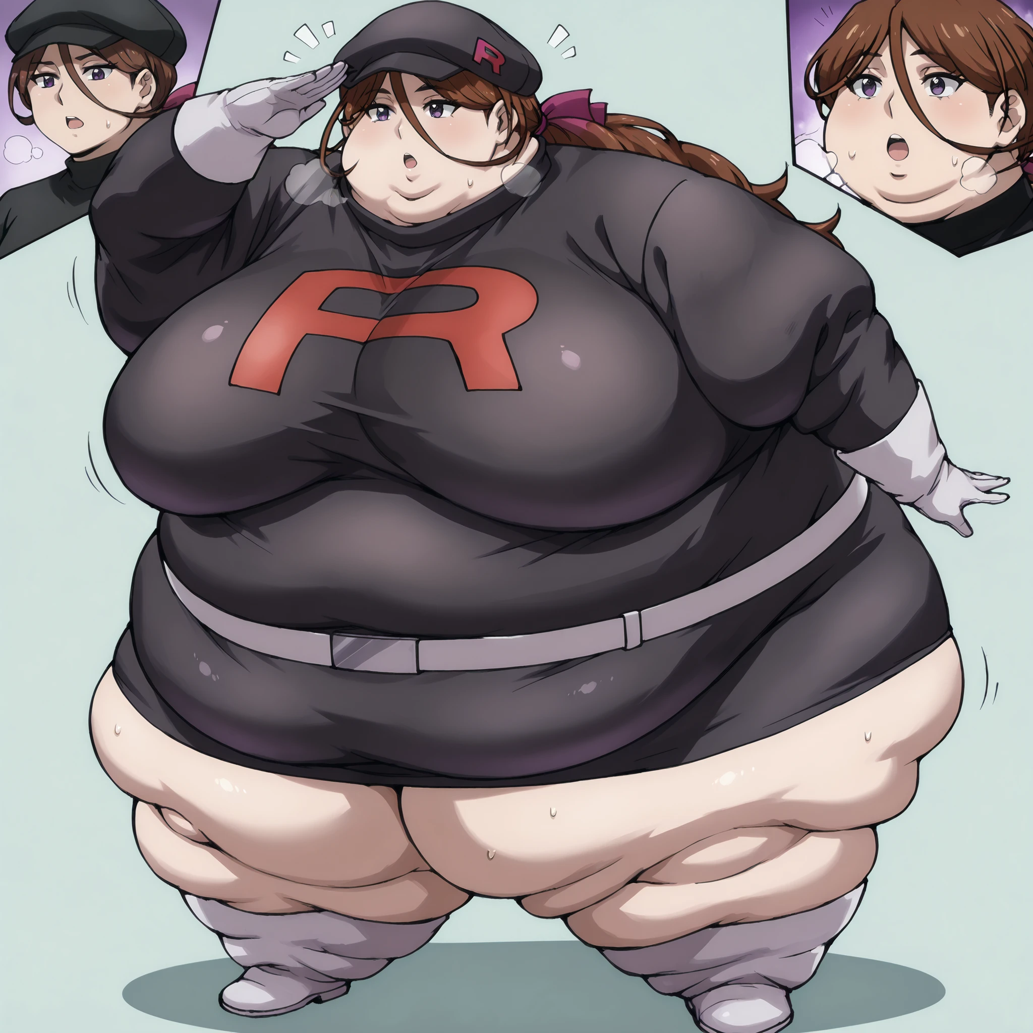 kenshinsatsuki, purple eyes, brown hair, hair between eyes, hair ribbon, long hair, ponytail, team rocket uniform, black hat, black shirt, black skirt, white belt, white gloves, single letter,, fat, chubby, obese, fat neck, multiple chins, big breasts open mouth, out of breath, Larger female, full body shot, salute