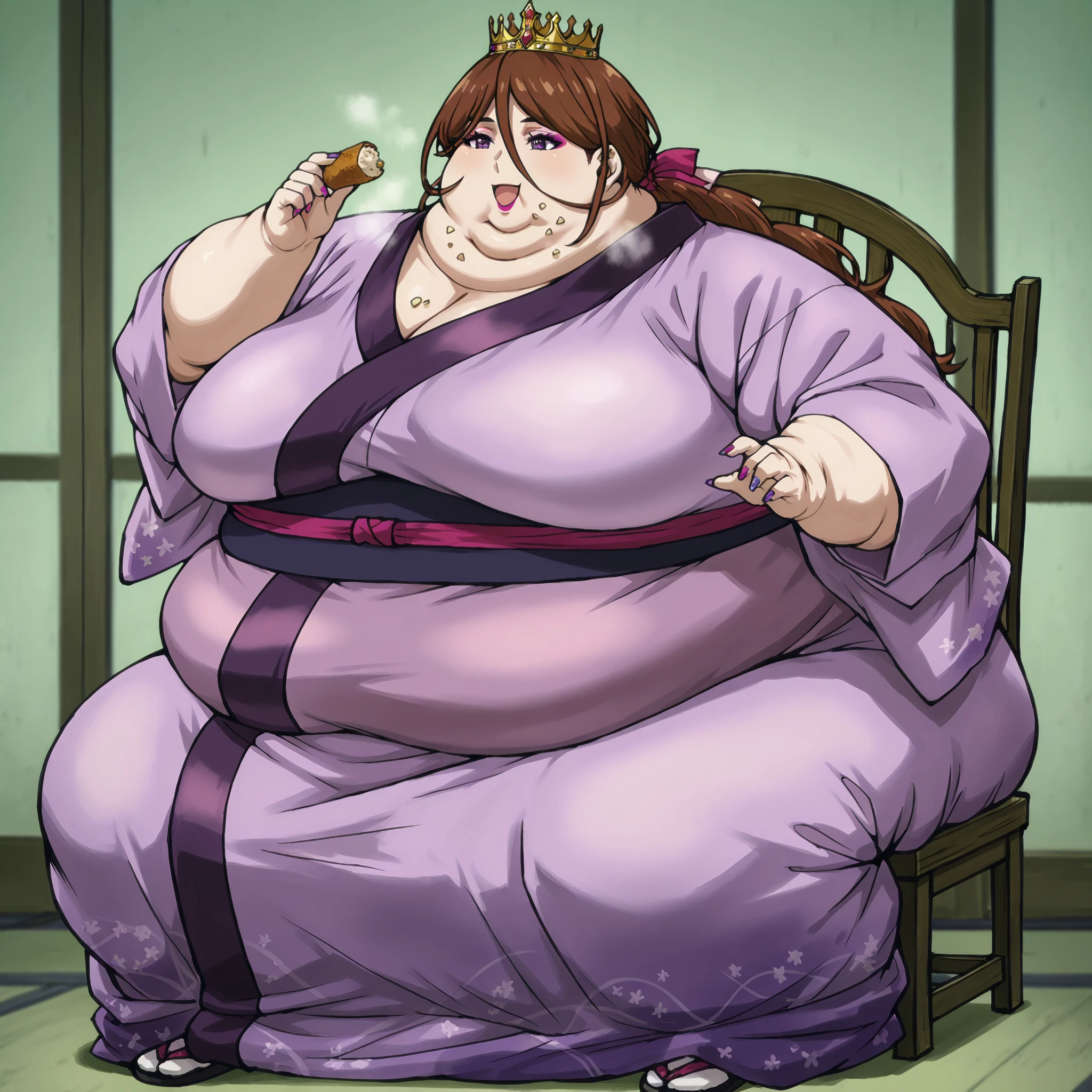 kenshinsatsuki, purple eyes, brown hair, hair between eyes, hair ribbon, long hair, ponytail BREAK
purple kimono, smile, royalty, crown, makeup, lipstick, painted nails, fat, chubby, obese, fat neck, multiple chins, big breasts open mouth, out of breath, Larger female, full body shot, food crumbs, sitting on chair