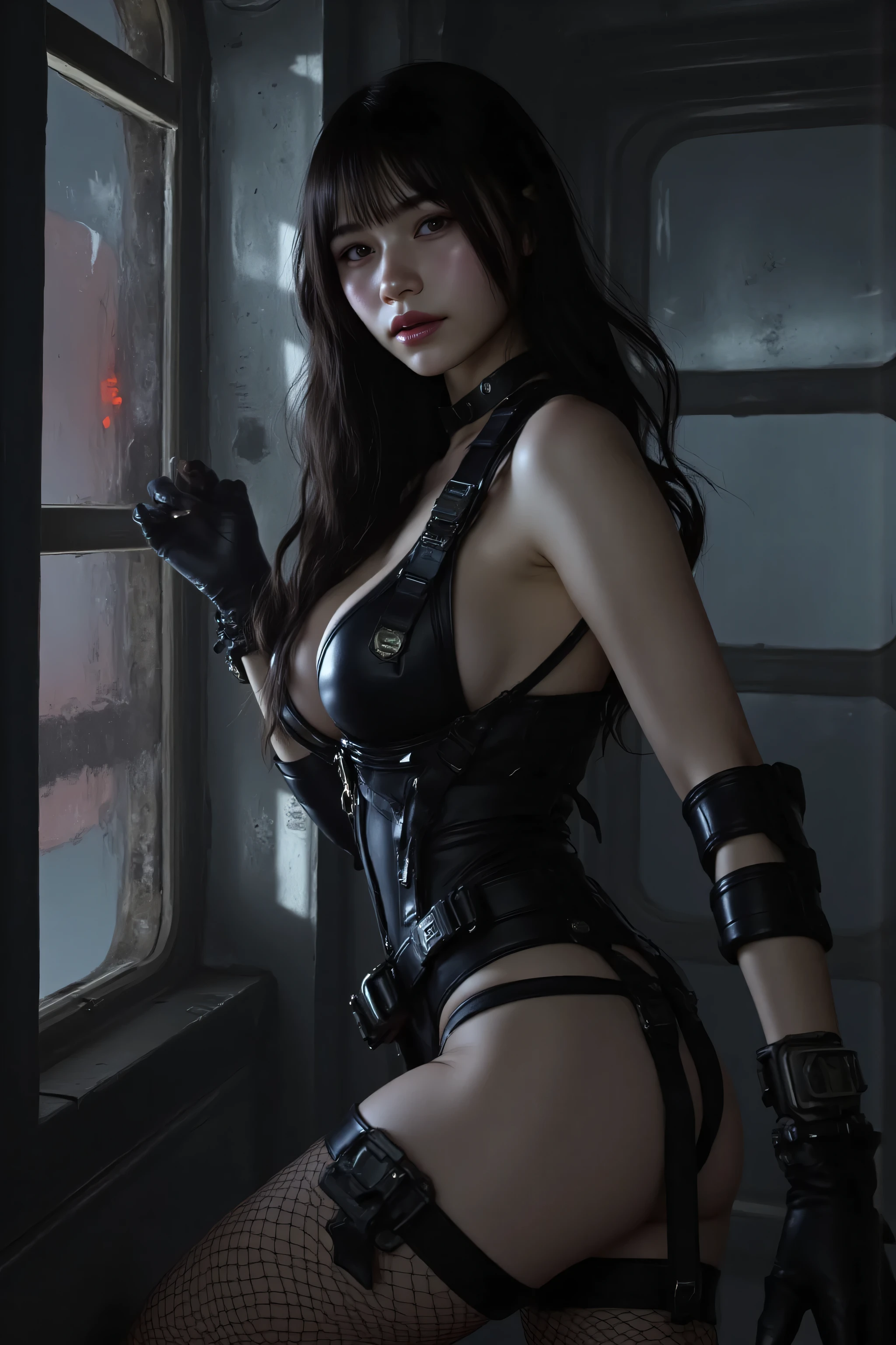 (((The interior of the Nostromo with no light at all:2.0))),(((HR Gigger Style Cyberpunk Atmosphere:2.0))),(((Side view from back:2.0))),(((looks back at the camera:2.0))),((looking back over the shoulder:2.0)),one woman,(cute faces getting creampied:2.0),(Beautiful well-balanced face :2.0),((wavy black hair:2.0)),(beautiful eyes:1.3),Glamorous Shot of a 20-Year-Old Japanese Woman,Beautiful Slender Body,(((model body type:2.0))),((slim body:2.0)),perfect body line,ideal proportions,(big breasts:2.0),((スリーサイズ90-58-86:3.0)),((G cup breasts:2.0)),Big Breasts,Bare thighs,sensual thighs,delicate body,(muscular:1.5)((T-back:2.0)),natural posture,((beautiful tight butt:2.0)),((cute ass:2.0)),((Carefully Depict Limbs Based on Perfect Anatomy:2.0)),((Super Hi-Leg Leotard with Black Special Forces Style Harness:2.0)),(((ラテックス製の超T-backパンティ:2.0))),(((thick fishnet tights:2.0))),((tactical holster:2.05)),(Gloves:1.3),Concept Art,(Highest Quality:1.5),(masterpiece:1.5),(超高Resolution),Resolution,UHD,(Delicate Description),carefully drawn,32k,((realistic skin texture:1.5)),(((Ultra Realistic:1.5))),carefully drawn eyelashes, Highly detailed faces,highly detailed female hands,very sensual,(Blurry, dim background:1.5),professional photography,(Movie Lights:2.0),((Blade Runner Style Lighting:2.0))
