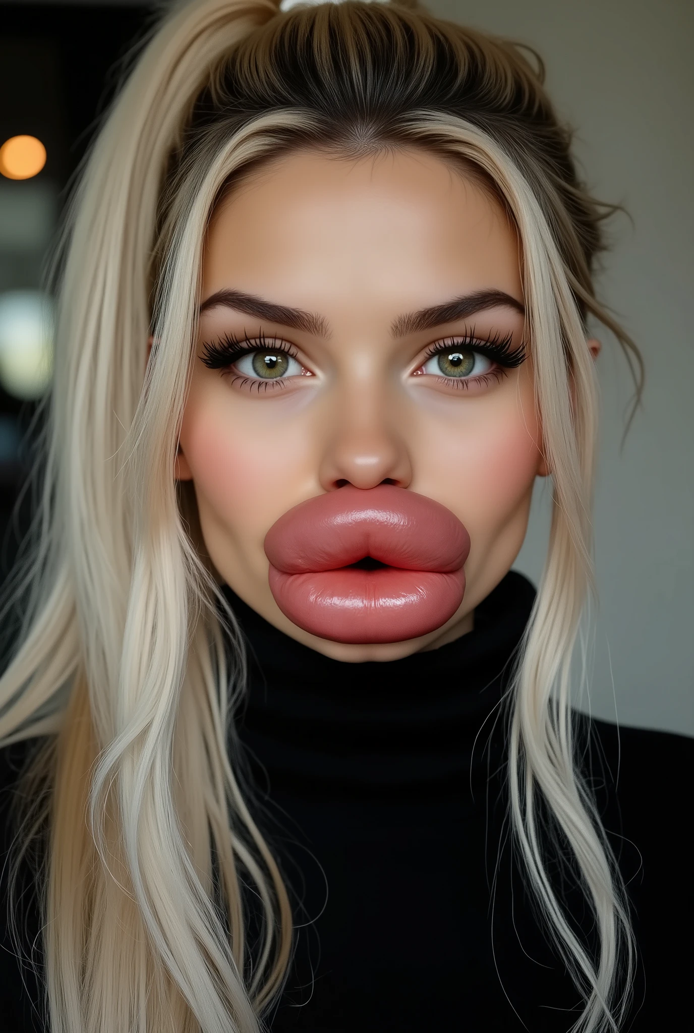 Ultra-realistic front view portrait of a super cute young woman in her 20s with platinum blonde hair with black roots tied in a high ponytail. She has a puffy face and long eyelashes. Her facial features are huge fake round bimbo lips, glossy and overfilled, and she has round cheeks. She Looks innocent. She is wearing a tight black ribbed wool turtleneck sweaster. She has bright green eyes. The lighting is soft and even, and the background is minimal, emphasizing her face and outfit. The style is high-end influencer aesthetic, ultra-detailed, photorealistic, cinematic 8k.