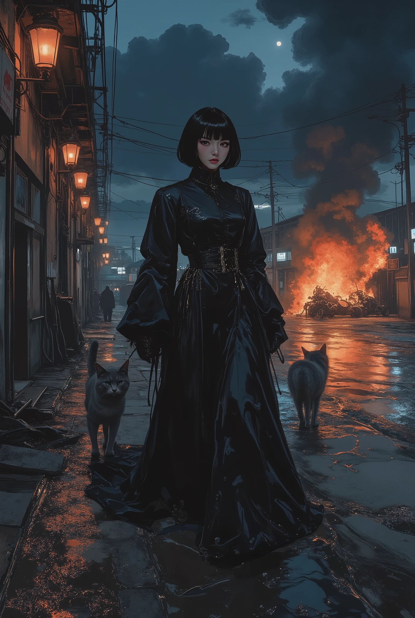 Countless footsteps at night、Midnight factory facility、Night view light、Oriental beauty wandering around late at night in luxurious fashion、Oriental beauty with short black hair and short bob with bangs、A beautiful cat with gray coat beside it、Highest Quality、motorbike burning violently