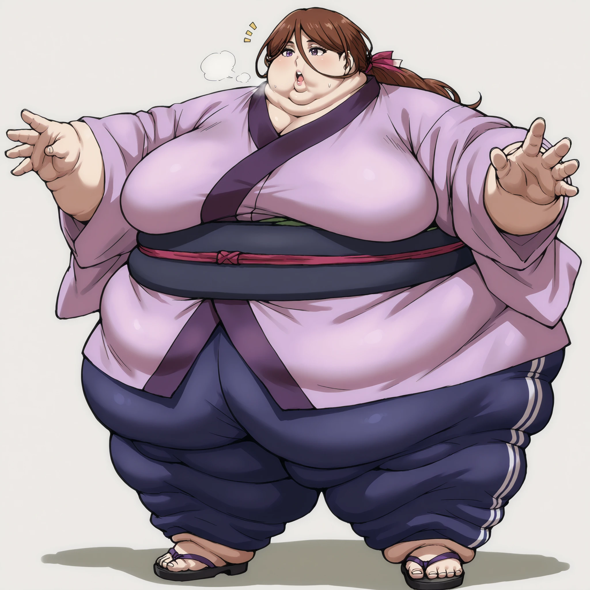 kenshinsatsuki, purple eyes, brown hair, hair between eyes, hair ribbon, long hair, ponytail BREAK
purple kimono, blue sweatpants, sandals, fat, chubby, obese, fat neck, multiple chins, big breasts open mouth, out of breath, Larger female, full body shot, only head, large head, oversized limbs, large hands, large feet, oversized feet, oversized fingers, big lips, plump lips, fat face, fupa, big fupa, fat fupa,