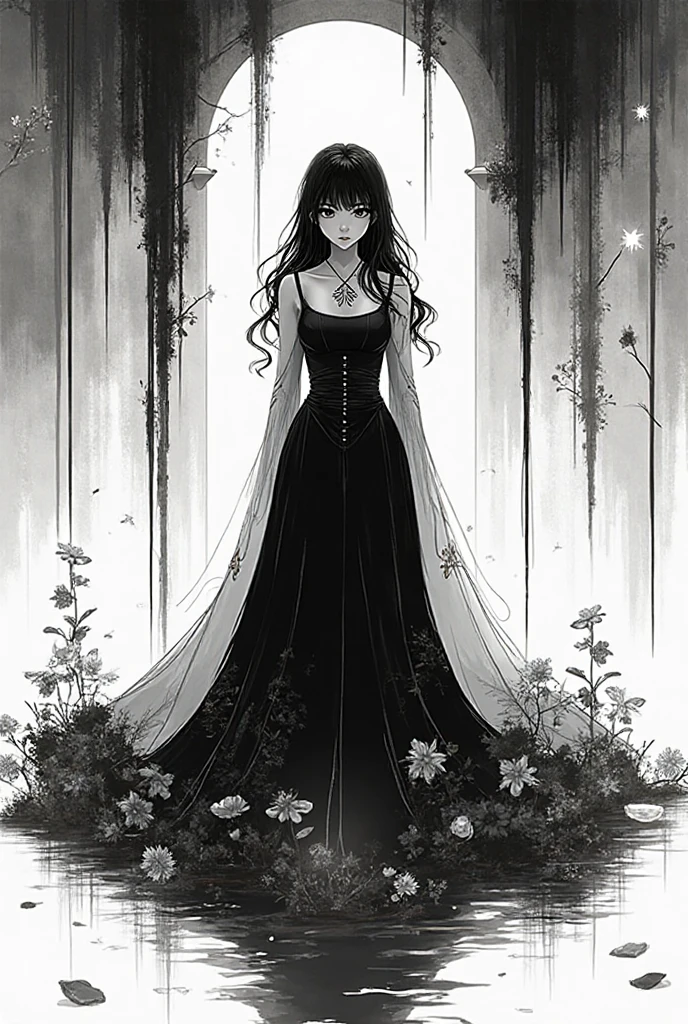 A beautiful anime-style girl with long hair and a purple flower、A contrast living in the dark graveyard（B99、W55、H68）A beautiful girl with a certain body、A beautiful immoral girl in a provocative black and grey dress、Crow、Undead、chaos、mystery、Big Breasts、Full Body Shot。