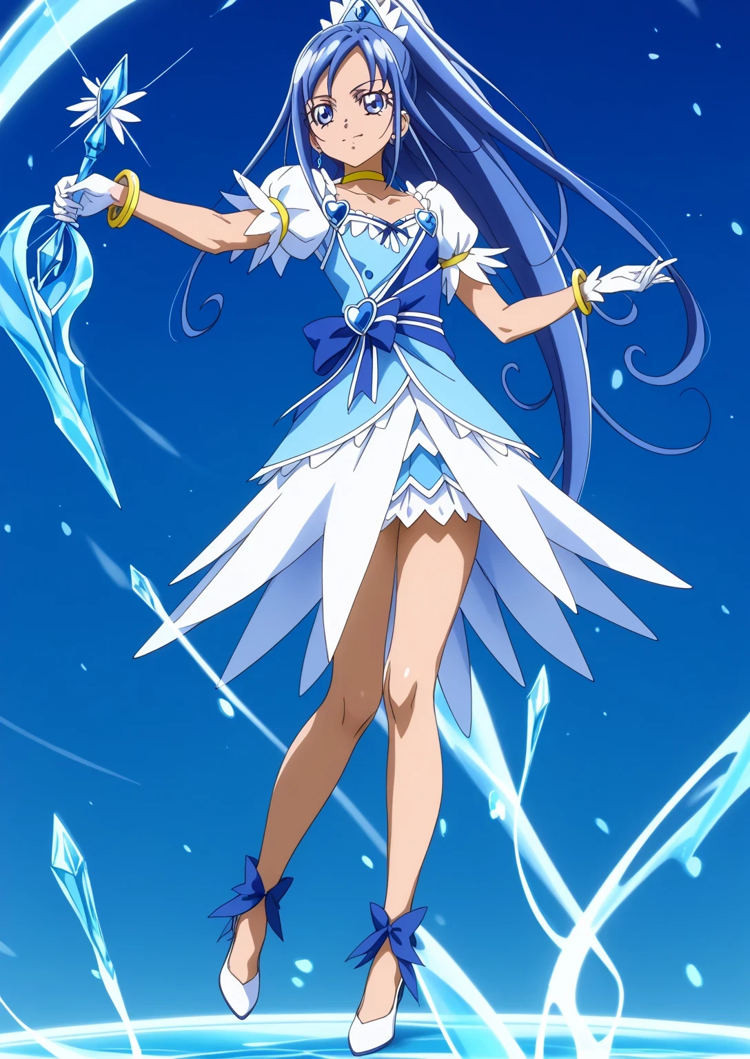 score 9 、score 8 up、score 7 up、source anime、傑作、Best quality、Best resolution、Best image quality、anime coloring、anime screencap、anime screenshot、official style、official art、1boy、cure diamond is a boy warrior、(manly face:1.5)、blue haired male character is wearing a blue dress、high long ponytail hair、dia shape hair ornament、solo、portrait of magical boy、boy is wearing a white and blue dress、portrait of a solo、long legs、heavenly aura、the blue ice aura、white and blue skirt、mini skirt、high cut skirt、yellow neckwear、heart brooch、yellow choker、collarbone、white puffy sleeves、Symmetrical puffy sleeves、white gloves、yellow bracelet、blue waist bow、bare thighs、bare legs、white high heels、Symphogear art style、long blue haired boy、sapphire prince、official anime art style、style of magical boy、masculinization、((cure diamond outfit))、magical boy、official anime artwork、official anime style、Best resolution、perfect outfit、sparkling magical boy、(manly:1.5)、sparking blue eyes、perfect body、trapezius、perfect hands、perfect arms、perfect perfect legs、covered pectoralis major、arm muscles、thigh muscles、semitendinosus muscles、hamstrings、adductor magnus muscles、male focus、looking at viewer、solo focus、cowboy shot、(male body:1.5)、beefcake style、blue background、female blue panty、bare crotch、basic design female panty、female blue panty underneath white and blue mini skirt、detailed outfit、bulge medium penis underneath female panty、I can see female blue panty、showing female blue panty、skirt lift、