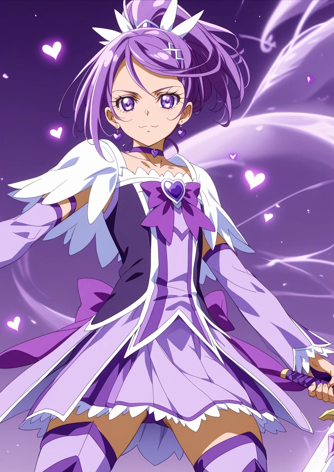 score 9 、score 8 up、score 7 up、source anime、傑作、Best quality、Best resolution、Best image quality、anime coloring、anime screencap、anime screenshot、official style、official art、1boy、cure sword is a boy warrior、(manly face:1.5)、purple haired male character is wearing a purple dress、high short ponytail hair、spade shape hair ornament、solo、portrait of magical boy、boy is wearing a white and purple dress、portrait of a solo、long legs、heavenly aura、the purple thunder aura、white and purple skirt、mini skirt、high cut skirt、purple neckwear、heart brooch、purple choker、collarbone、white shoulder pads、Symmetrical shoulder pads、purple arm warmers、purple detached sleeves、purple waist bow、bare thighs、purple thigh high boots、Symphogear art style、short purple haired boy、amethyst prince、official anime art style、style of magical boy、masculinization、((cure sword outfit))、magical boy、official anime artwork、official anime style、Best resolution、perfect outfit、sparkling magical boy、(manly:1.5)、sparking purple eyes、perfect body、trapezius、perfect hands、perfect arms、perfect legs、covered pectoralis major、arm muscles、thigh muscles、semitendinosus muscles、covered hamstrings、covered adductor magnus muscles、male focus、looking at viewer、solo focus、cowboy shot、(male body:1.5)、beefcake style、purple background、female purple panty、bare crotch、basic design female panty、female purple panty underneath white and purple mini skirt、detailed outfit、bulge short peinis underneath female panty、I can see female purple panty、showing female purple panty、skirt lift、