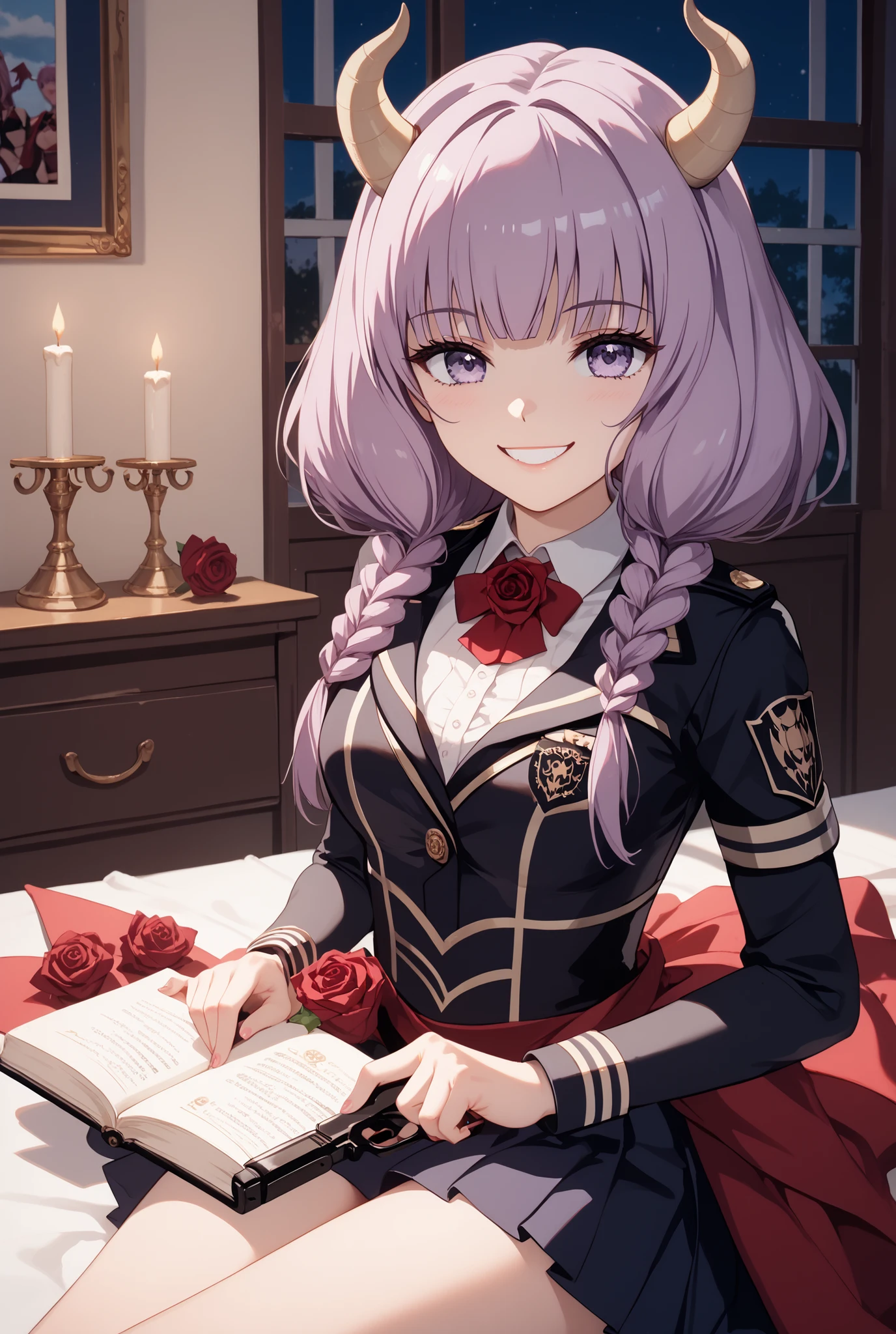 masterpiece,very detailed,beautiful faces,And high-precision,(cute Devil's Rose assassin girl:1.5),(One Woman),she's sitting in the devil's dark bedroom bed,There's a devil's candlestick behind the bed、Candlelight,external, Expression of victory ,(fearless smile:1.5),light reddish purple hair,Light Purple Eyes,
so cute,(Discipline School Inspector:1.5), she formally walks down the school hallway、wears a slightly revealing uniform. the reddish eyes under her glasses、reveals her unspoken desires. 4K.