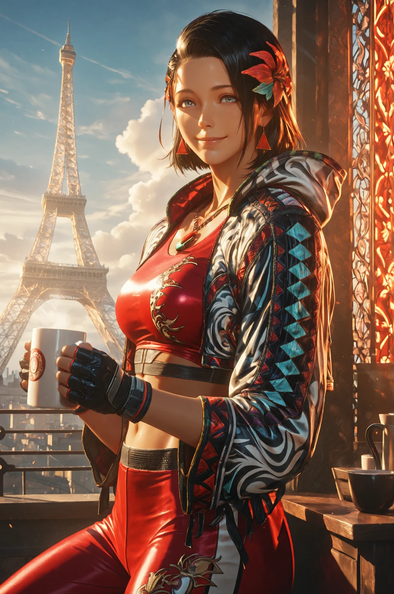 T8Azucena, 1girl, solo, black hair, short hair, blue eyes, hair ornament, detailed eyes, jacket, red triangle earrings, black gloves, midriff, hair flower, fingerless gloves, necklace, open jacket, red crop top, floral print, cropped jacket, hooded jacket, multicolored jacket, red pants, track pants, print jacket, red sneakers, upper body view, detailed portrait, the girl is very beautiful, the girl has an incredibly beautiful face, detailed skin image. The girl looking directly at the viewer. The girl is smiling sweetly. The girl stands near the Eiffel Tower with a mug of warm coffee, the girl looks happy. The sky is clear with light clouds, and the weather is sunny. Proper lighting, proper shadows, extremely detailed CG unity 8k wallpaper, perfect lighting, colorful, ultra-high resolution, detailed background, masterpiece, best quality, vibrant, very aesthetic, high contrast, semrealistic, newest