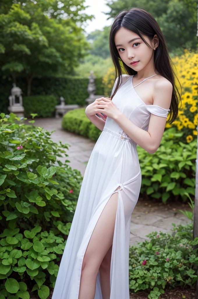 ((masterpiece)), ((best quality)), ((ultra-detailed)),((hyperrealistic)),(japanese cute girl),(shiny skin),1girl,(forehead),black hair,long hair,(black big eyes,tareme,droopy eyes),(small breasts,slenderbody),15 years old,dynamic angle,(white camisole dress),park,legs,walking,knee

