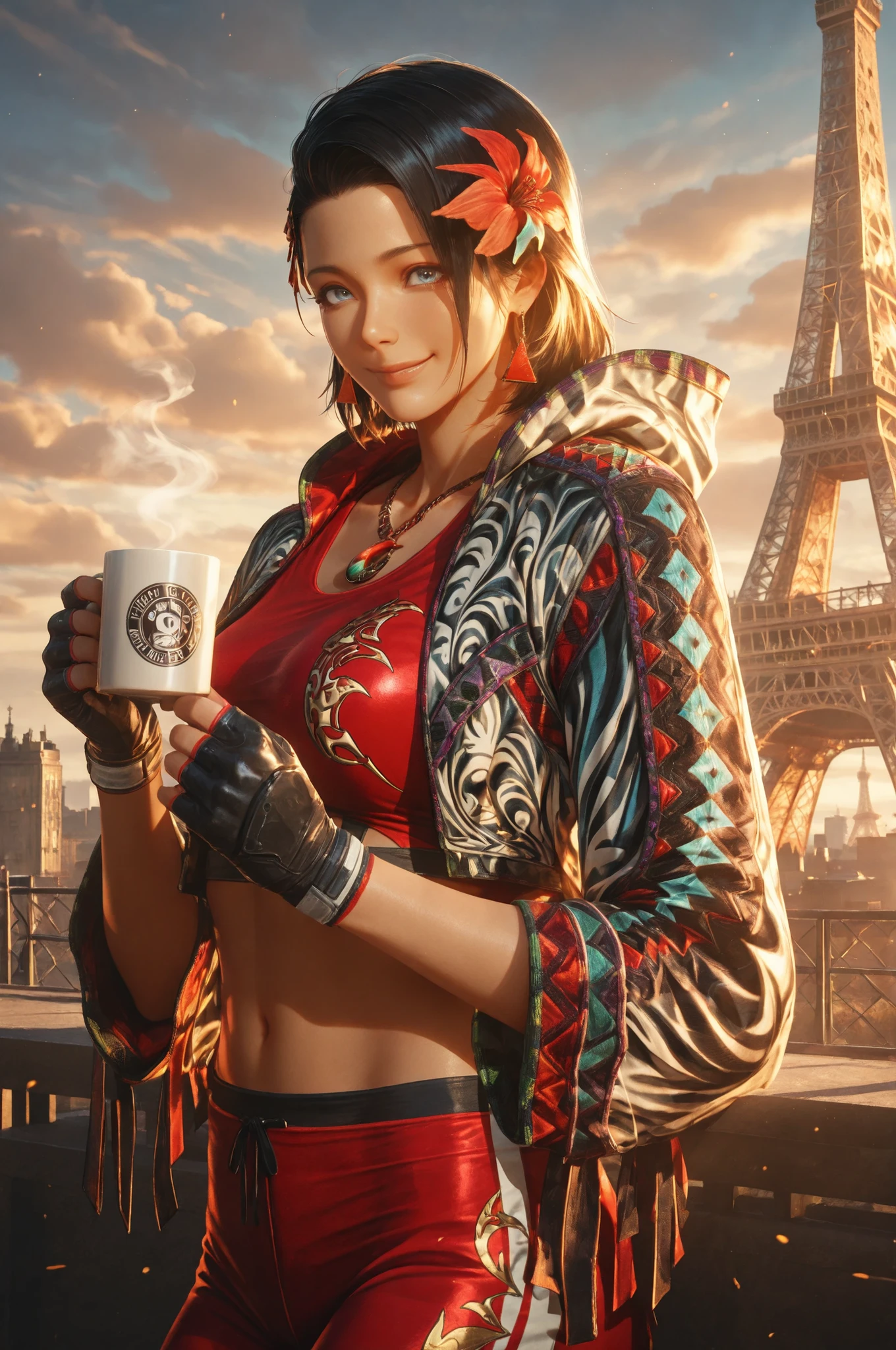 T8Azucena, 1girl, solo, black hair, short hair, blue eyes, hair ornament, detailed eyes, jacket, red triangle earrings, black gloves, midriff, hair flower, fingerless gloves, necklace, open jacket, red crop top, floral print, cropped jacket, hooded jacket, multicolored jacket, red pants, track pants, print jacket, red sneakers, upper body view, detailed portrait, the girl is very beautiful, the girl has an incredibly beautiful face, detailed skin image. The girl looking directly at the viewer. The girl is smiling sweetly. The girl stands near the Eiffel Tower with a mug of warm coffee, the girl looks happy. The sky is clear with light clouds, and the weather is sunny. Proper lighting, proper shadows, extremely detailed CG unity 8k wallpaper, perfect lighting, colorful, ultra-high resolution, detailed background, masterpiece, best quality, vibrant, very aesthetic, high contrast, semrealistic, newest