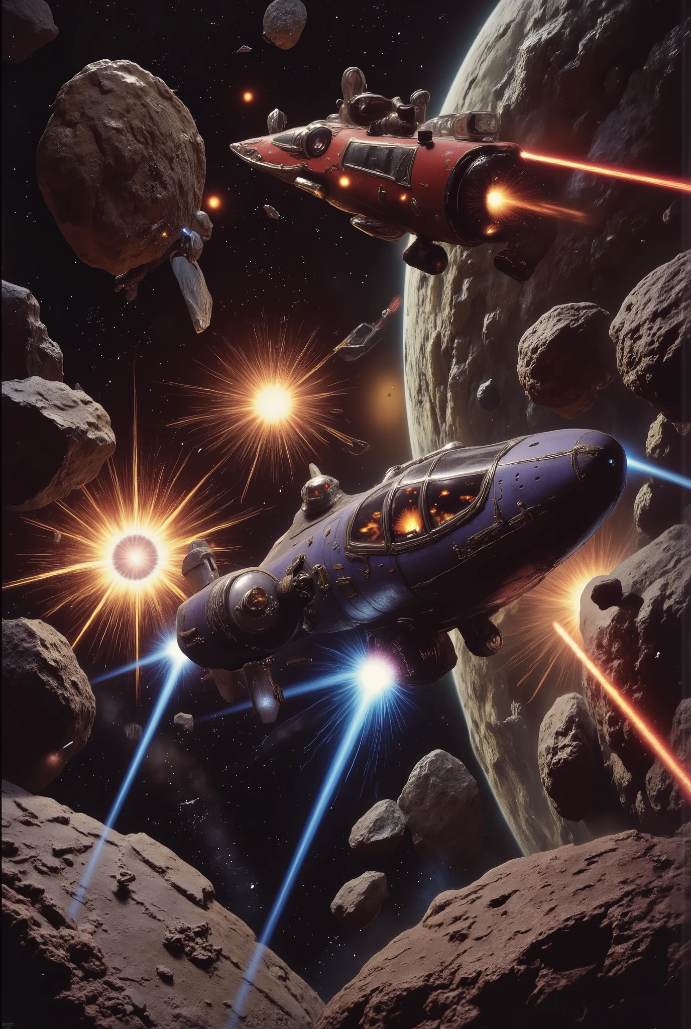 A sleek bounty ship chases the cowboy’s battered but agile spacecraft through an asteroid field. Engines roar in glowing blue jets, leaving bright trails behind. The cowboy’s face is lit by the flickering lights of the control panel, jaw clenched, eyes sharp. Explosions bloom like fiery flowers as asteroids shatter from stray shots. His ship tilts sideways, narrowly avoiding a massive rock, sparks bursting from the hull. The pursuing craft looms closer, its red targeting lasers locking on. Dust and debris swirl in the black void, illuminated by flashes of energy fire. The scene radiates speed, danger, and desperate heroism. Every bolt, rivet, and light on the ships is rendered in exquisite detail, with volumetric effects enhancing the chaos and movement.
