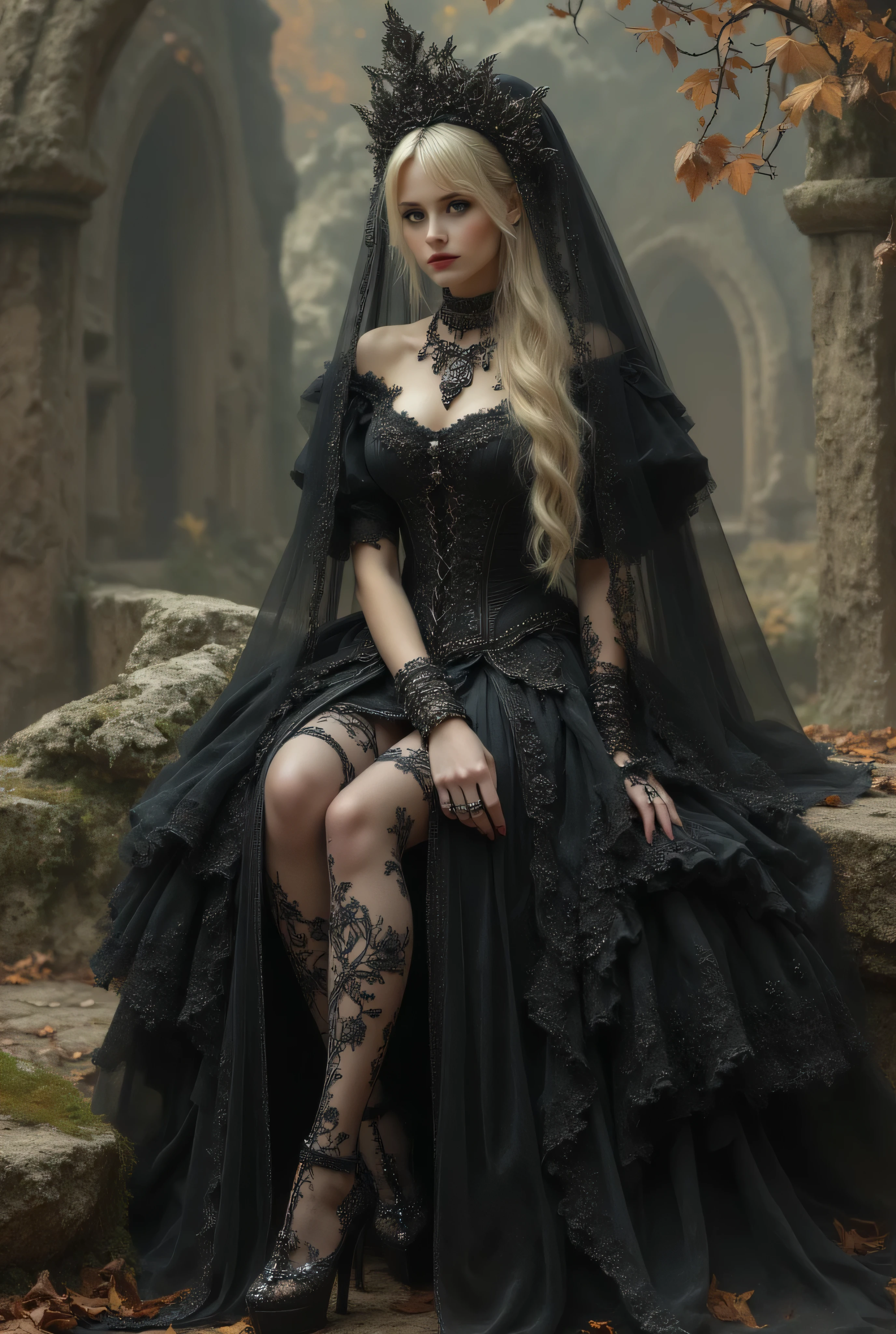 (detailed photorealistic portrait:1.3) of a stunning young woman, blonde hair, seductive gaze, (wearing an elaborate gothic bridal gown:1.2), black lace corset, off-shoulder sleeves, sheer lace tights with floral patterns, voluminous tiered black ruffled skirt with a high slit, black choker, dark rings, black sheer veil over her head, elegant headpiece.
Sitting on a weathered stone bench, ancient stone ruins, autumn foliage, fallen leaves on the ground, soft diffused lighting, bokeh background, melancholic atmosphere, dramatic and romantic, dark fantasy aesthetic.
(High resolution, intricate details, masterpiece, best quality, ultra-detailed, sharp focus:1.3), (realistic skin texture:1.1), perfect composition, subtle chiaroscuro, depth of field.