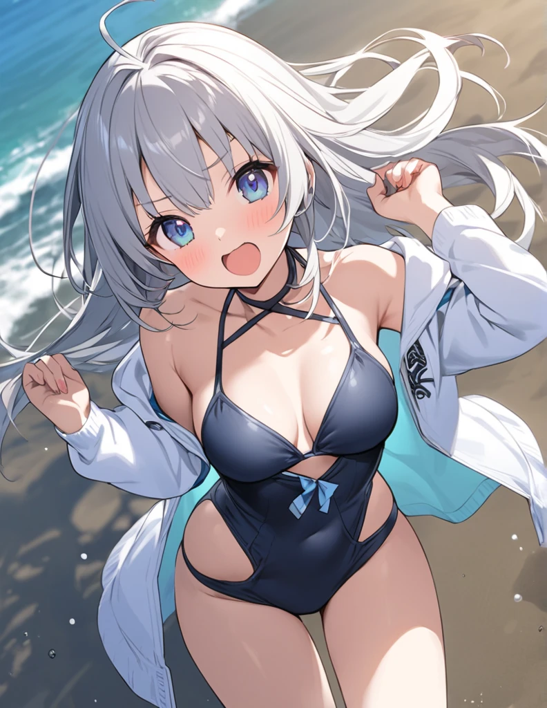 A 25 year old Japanese slender( small tits) lady, silver ((loose curly hair))smooth curly hair and pale blue ((streaked hair))highlights hair, wearing only a black bikini and a dark blue cardigan , looks really calming and beautiful and cool, at a beach in midnight, spreading her left arms forward, a bit windy scene, smiling passionately under the moonlight, looking back pose
