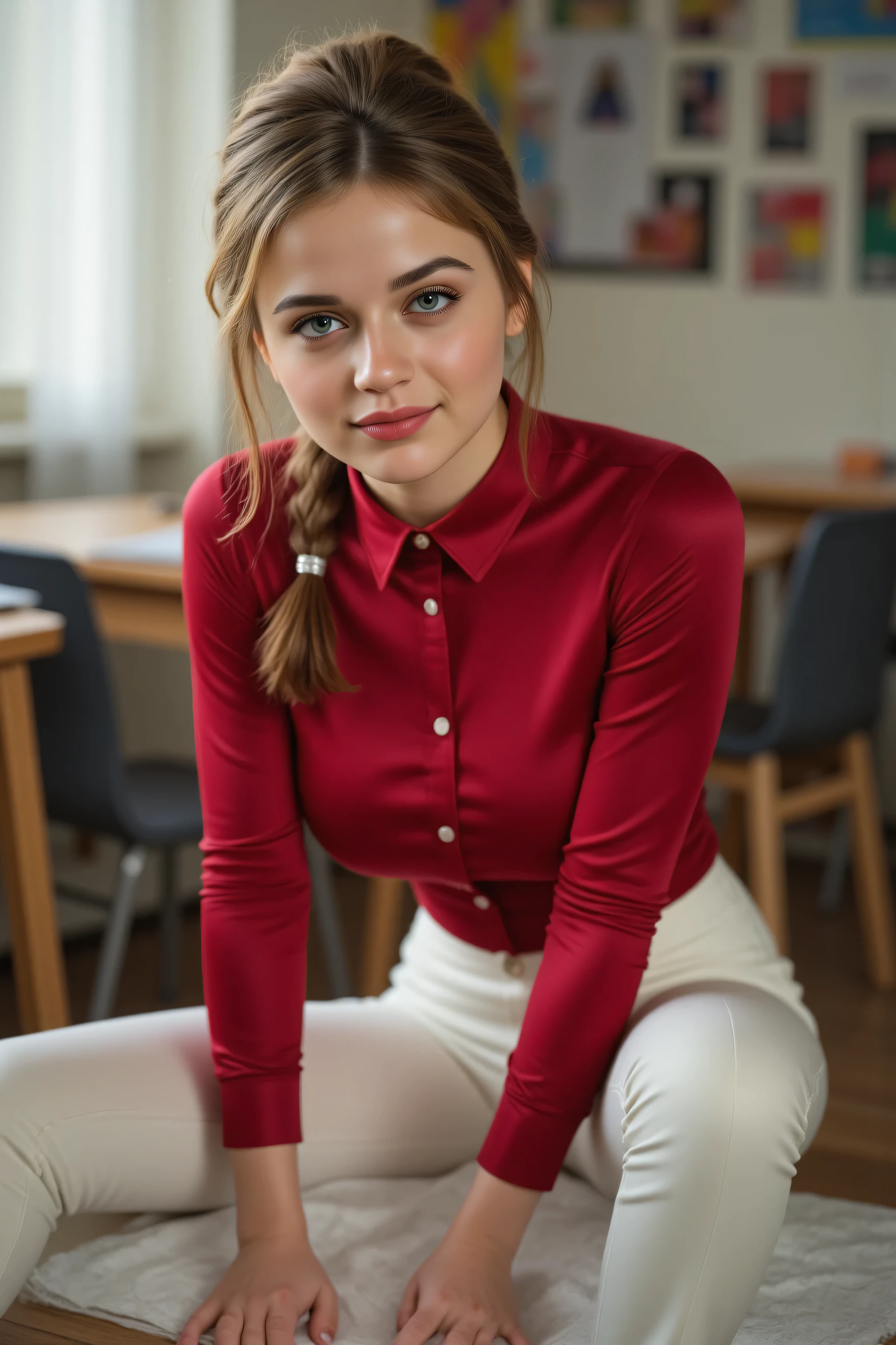 Amateurfoto : Klassenzimmer : natural, 23-year-old French girl, blasse, white skin, shy smile,brown ponytail attached to the back of the head with a free forehead, shy smile, satin red slim tight shirt with collar, nicht eingesteckt, and white ones, schmale Lederhose. Sie kniet nieder, to pick up her pen from the ground, While looking directly at the camera