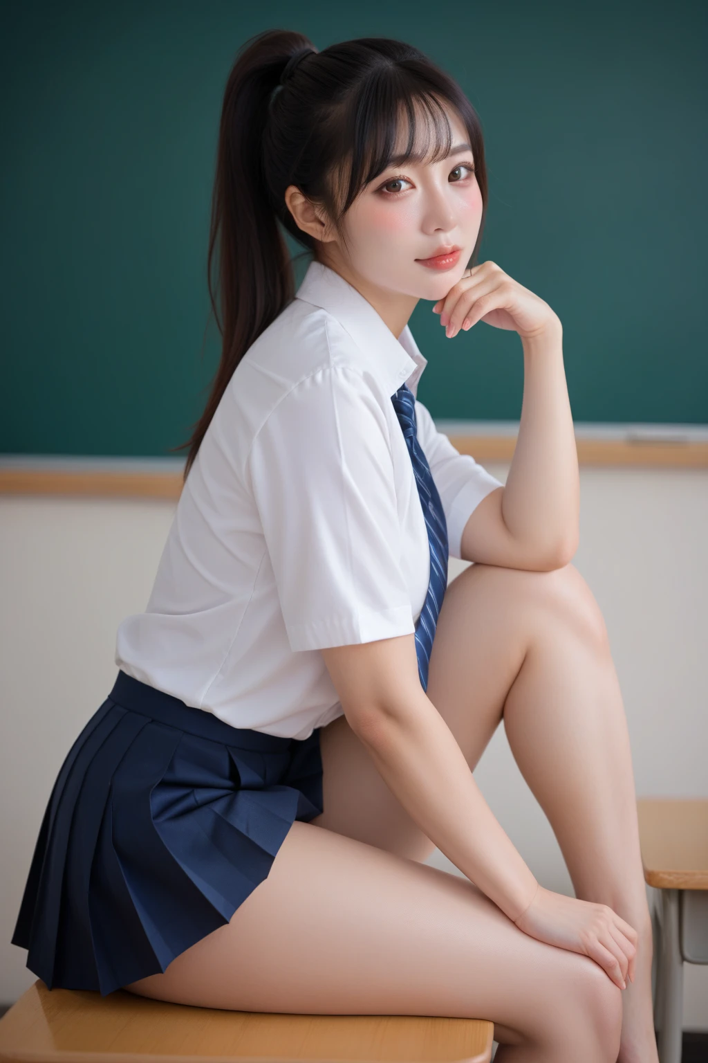 (8k), (highest quality: 1.2), (Realistic), (Realistic: 1.67), 超High resolution,Gal, (Anatomically correct),masterpiece, highest quality, RAW Photos, Beautiful girls, cute like an idol, smile, Written boundary depth, High resolution, 超detailedな, detailed, extremely detailedな顔, Realisticな学生,  Cinema Lighting, (Brown skin color:1.2),alone,woman,(school uniform:1.2),Loose white socks,Medium Shot,(Thighs:1.2),(From the side:1.2),(From above)