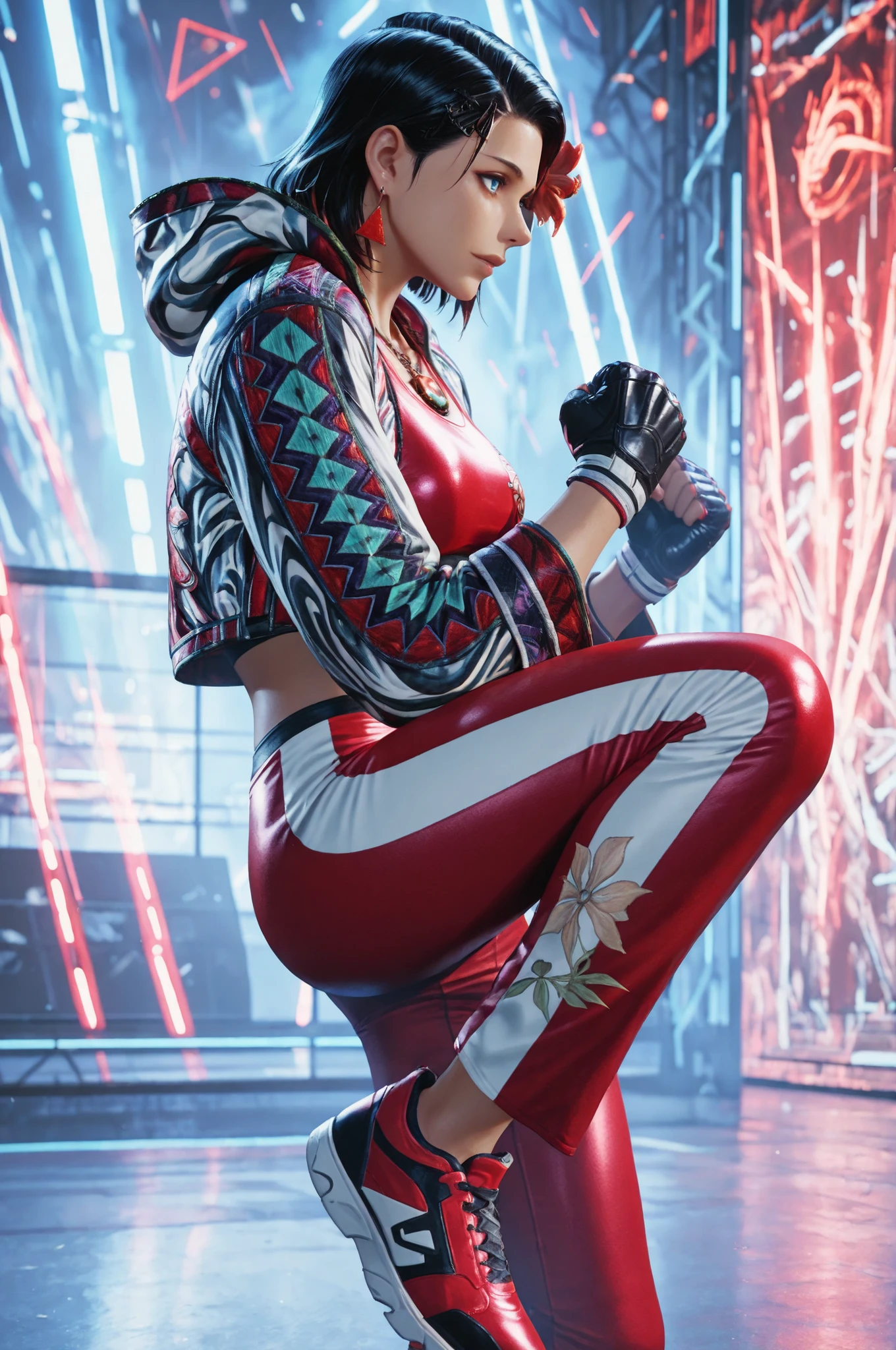 T8Azucena, 1girl, solo, black hair, short hair, blue eyes, hair ornament, detailed eyes, jacket, red triangle earrings, black gloves, midriff, hair flower, fingerless gloves, necklace, open jacket, red crop top, floral print, cropped jacket, hooded jacket, multicolored jacket, red pants, track pants, print jacket, red sneakers, ragingdemonflip, clenched hands, knee up, floating, from side, the girl is very beautiful, the girl has an incredibly beautiful face, detailed skin image. The girl in the gym, Proper lighting, proper shadows, extremely detailed CG unity 8k wallpaper, perfect lighting, colorful, ultra-high resolution, detailed background, masterpiece, best quality, vibrant, very aesthetic, high contrast, semrealistic, newest