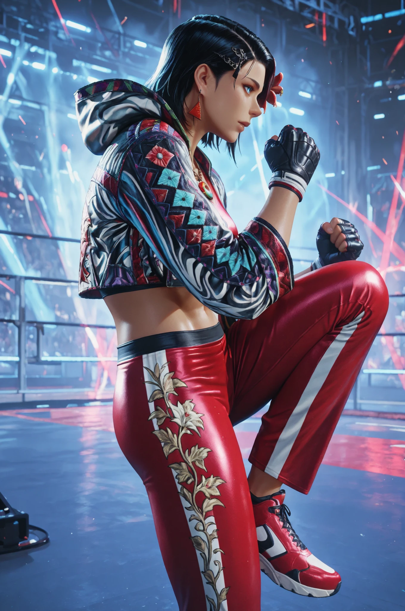 T8Azucena, 1girl, solo, black hair, short hair, blue eyes, hair ornament, detailed eyes, jacket, red triangle earrings, black gloves, midriff, hair flower, fingerless gloves, necklace, open jacket, red crop top, floral print, cropped jacket, hooded jacket, multicolored jacket, red pants, track pants, print jacket, red sneakers, ragingdemonflip, clenched hands, knee up, floating, from side, the girl is very beautiful, the girl has an incredibly beautiful face, detailed skin image. The girl in the gym, Proper lighting, proper shadows, extremely detailed CG unity 8k wallpaper, perfect lighting, colorful, ultra-high resolution, detailed background, masterpiece, best quality, vibrant, very aesthetic, high contrast, semrealistic, newest