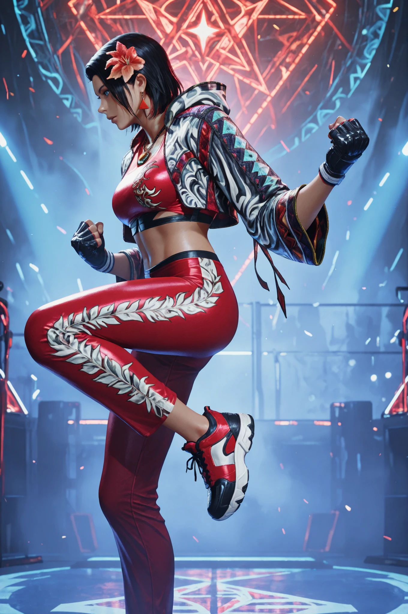 T8Azucena, 1girl, solo, black hair, short hair, blue eyes, hair ornament, detailed eyes, jacket, red triangle earrings, black gloves, midriff, hair flower, fingerless gloves, necklace, open jacket, red crop top, floral print, cropped jacket, hooded jacket, multicolored jacket, red pants, track pants, print jacket, red sneakers, ragingdemonflip, clenched hands, knee up, floating, from side, the girl is very beautiful, the girl has an incredibly beautiful face, detailed skin image. The girl in the gym, Proper lighting, proper shadows, extremely detailed CG unity 8k wallpaper, perfect lighting, colorful, ultra-high resolution, detailed background, masterpiece, best quality, vibrant, very aesthetic, high contrast, semrealistic, newest