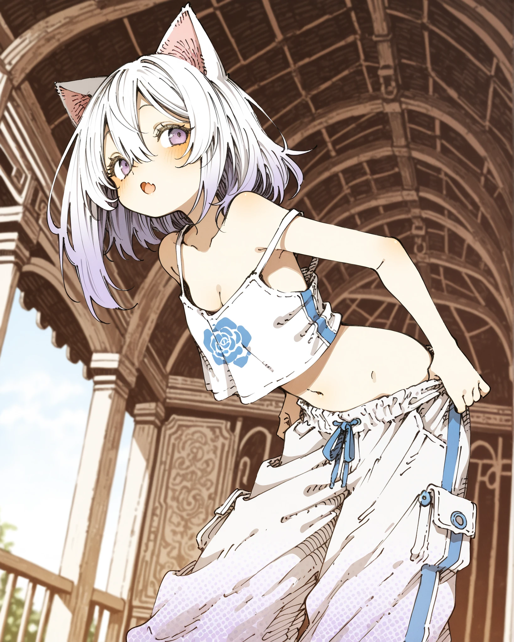 ((Abara Heiki style)), ((Abara Heiki style)), ((Masterpiece)), ((best quality, amazing quality)), ((very aesthetic, absurdres, newest)), ((detailed background, negative space, blurry background, depth of field, Asymmetrical background)), ((halftone)), (dynamic angle, from side), (cinematic lighting), ((1girl)), Cute young Girl, (Healthy Gaunt body, Textured skin, small , cleavage, tilt head), Big eyes, (pale purple eyes, gradient eyes, averting eyes, looking at side), (platinum-gold hair, medium hair), (hair between eyes, long bangs, long side bangs), gradient hair, blue color Hair Tip, (open mouth wide, skin fang), very shy, blush, (cute cheeks), glossy lips, pouty lips, (lower eyelashes), cat ears, BREAK, ((loose croptop, croptop overhang, strap slip, sportswear croptop, left shoulder, cute navel)), slightly exposed small , slightly exposed cleavage, ((luxury baggy pants, pulling pants, pull by self, exposed lower abdomen)), (hunched over, loose standing, , inside the gazebo), Beautiful blue roses garden, blooming many roses, blossoming blue roses, outdoor, aged garden, distinct, (heavy outline), fantastic (theme),