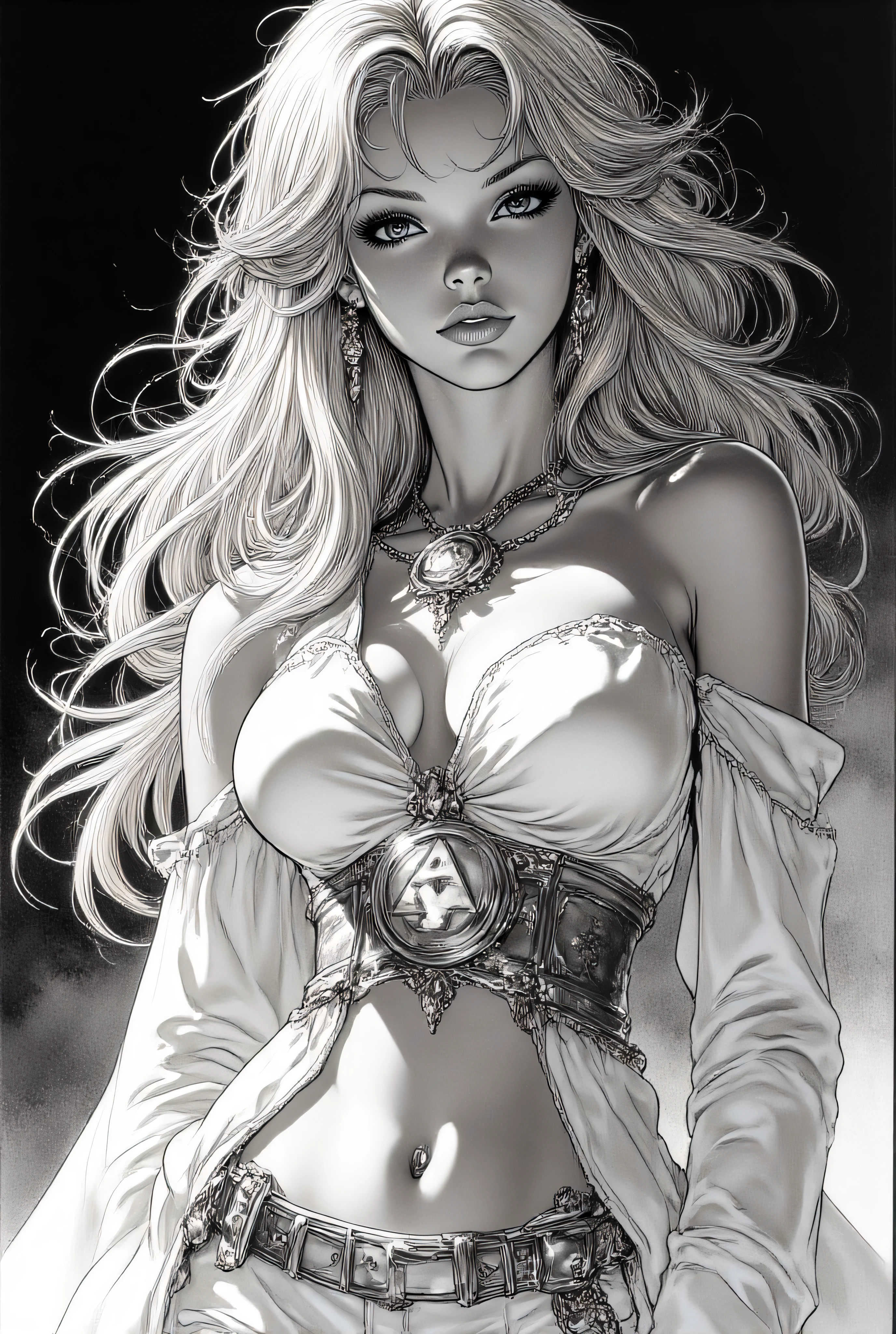 Subject/Composition: 
Black and white (monochrome), ultra-detailed, cinematic portrait of:
Un disegno a matita altamente dettagliato e fotorealistico (o ritratto in bianco e nero) di una donna elfica sensuale e regale. Ha lunghi capelli biondi ondulati e fluenti, orecchie a punta e indossa un vestito bianco drappeggiato e scollato, con una scollatura profonda e un'alta spacco sulla gonna. Il vestito è stretto in vita da una cintura decorativa con un grande medaglione circolare che presenta l'iconico simbolo della Triforza. Indossa anche un girocollo, orecchini pendenti discreti e un bracciale sul bicipite sinistro. L'illuminazione è intensa, creando forti ombre sul lato sinistro, enfatizzando i lineamenti delicati e l'atmosfera misteriosa. Il suo sguardo è rivolto verso il basso, con un'espressione pensierosa. Stile: iperrealismo, fantasy art, arte di The Legend of Zelda.