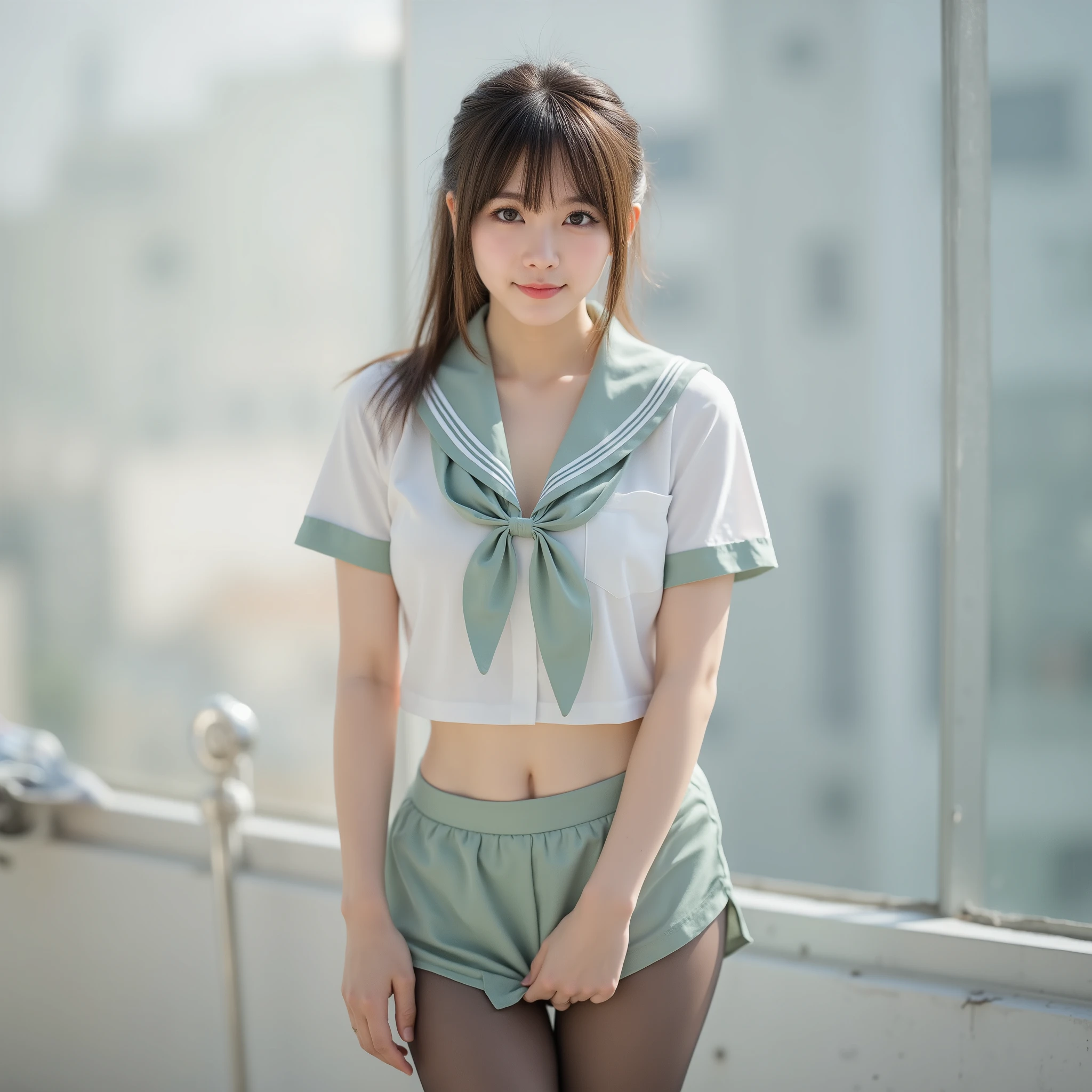 ( The greatest masterpiece:1.30, Surrender:1.5), ( original photo :1.5), professional photo, ( high definition clear focus :1.5), Cinema Light, (( with hands trying to hide her face :1.4)), BREAK, (Highly Detailed Beautiful Face:1.10), ( get used to it:1.9), 21 years old, ( Female idol with super detailed beauty :1.7), ( Cute Smiles:1.3), woman in the center of the image , BREAK, Brown hair mixed with light purple , Outside of the day , Full Body Front, black transparent stockings , stand in a sexy pose and lean forward slightly, cute girl with a Nogizaka face 、Full Body Front、 mini skirt, ( skirt flip:1.2), (from below:1.3), ( spandex stockings ), is very cute :1.21, BREAK,
please open your legs, she's wearing a uniform , traditional sailor uniform from a prestigious high school in Tokyo , light green uniform , Short Sleeve Sailor Suit :1.21, ライトレッドとイエローのプリーツ mini skirt , panties with handcuffs, The blouse is transparent,