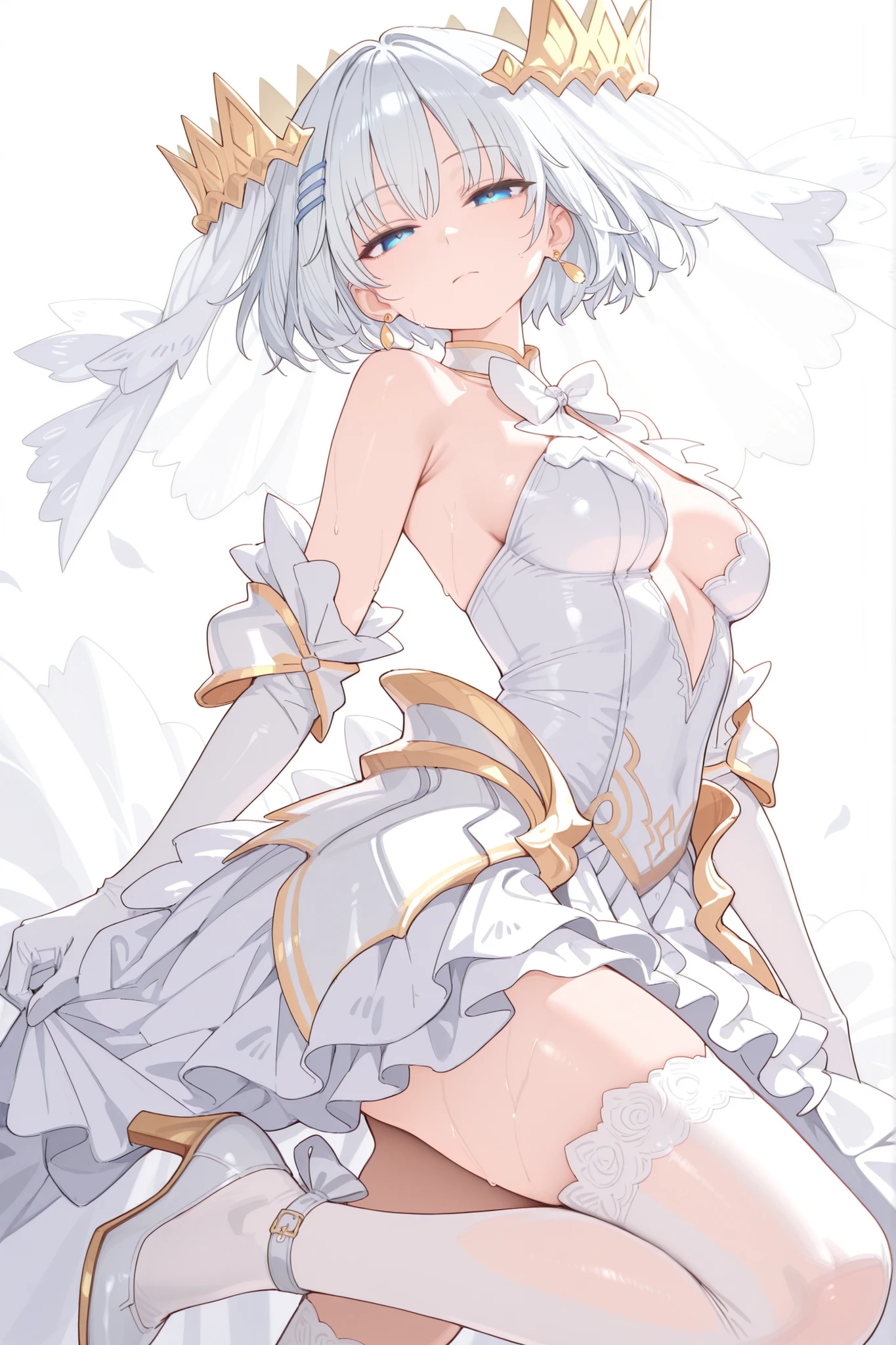 (masterpiece), (best quality), (ultra-detailed), AngelOrigami, tobiichi origami, 1girl, solo, looking at viewer, short hair, blue eyes, medium breasts, closed mouth, white hair, bridal veil, agl_thighhighs, agl_dress, agl_gloves, agl_veil, agl_heels, floating, see-through, leg up, (((detailed face))), (upper body), white background, illustration, disheveled hair, detailed eyes, perfect composition, moist skin, intricate details, earrings