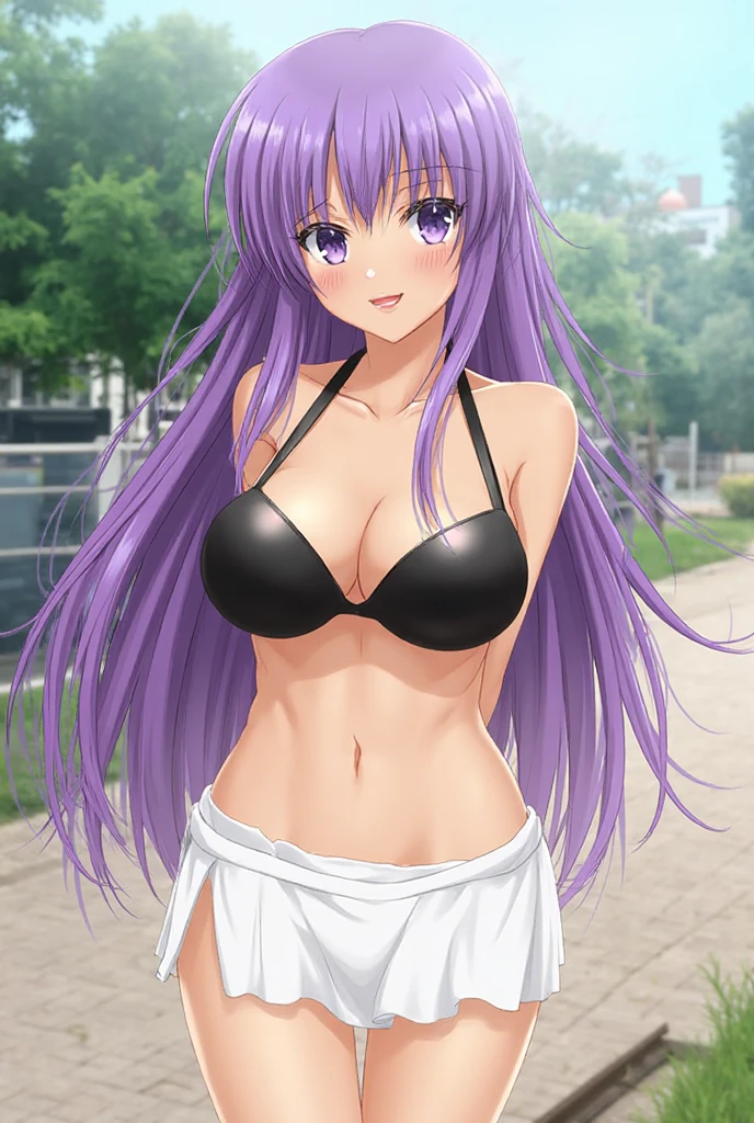 sfw,Anime girl with purple hair and Asian ??????? poses lewdly, Enchanting anime girl, ????, misato katsuragi, Beautiful anime girl standing, Gap Moe Yandere, Anime Moe Art Style, Blushing, Also, Anime girl puts her arms behind her head, showing her armpits, Eat and drink, Mai Yoneyama, Ayaka Genshin Impact, biomechanical ????,Sweat in the ?????