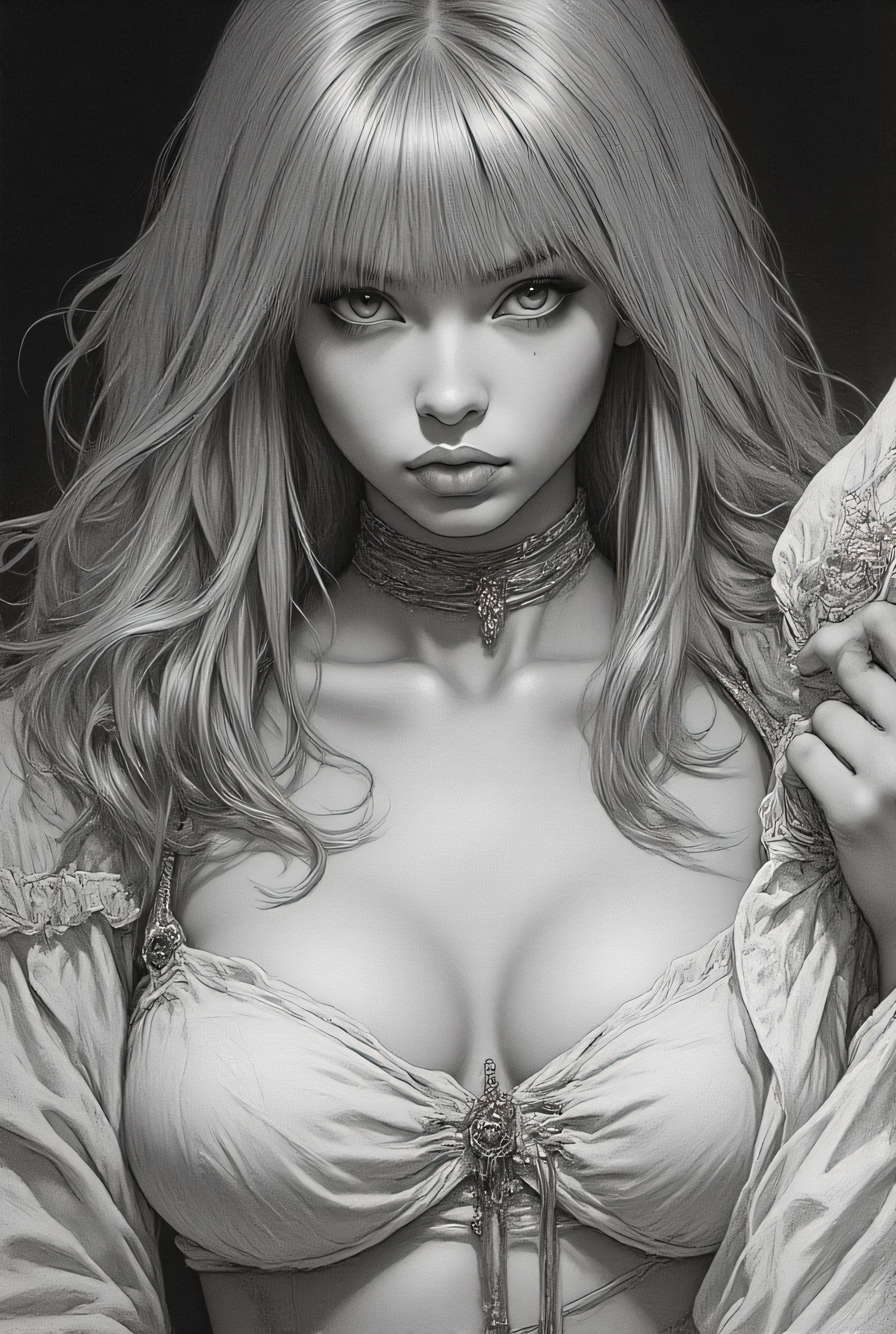 Subject/Composition:
Black and white (monochrome), ultra-detailed, cinematic portrait of:
Un disegno a matita altamente dettagliato e fotorealistico (o ritratto in bianco e nero) di una donna sensuale e selvaggia. Ha lunghi capelli biondi ondulati e fluenti, indossa un vestito bianco largo smanicato e con scollatura molto profonda. Il vestito è stretto in vita ma molto sgambato. Indossa anche un girocollo, orecchini pendenti discreti e un bracciale sul bicipite sinistro. L'illuminazione è intensa, creando forti ombre sul lato sinistro, enfatizzando i lineamenti delicati e l'atmosfera misteriosa. Il suo sguardo è rivolto verso il basso, con un'espressione seducente. Stile: iperrealismo, fantasy art, arte di Luis Royo.