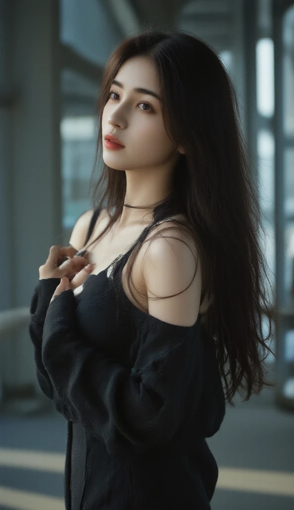 Top Quality, Masterpiece, Ultra High Resolution, (Photorealistic: 1.4), Raw Photo, 1 Girl, Off Shoulder, Darkness, Deep Shadow, Low Key, Cold Light, window and rainy day