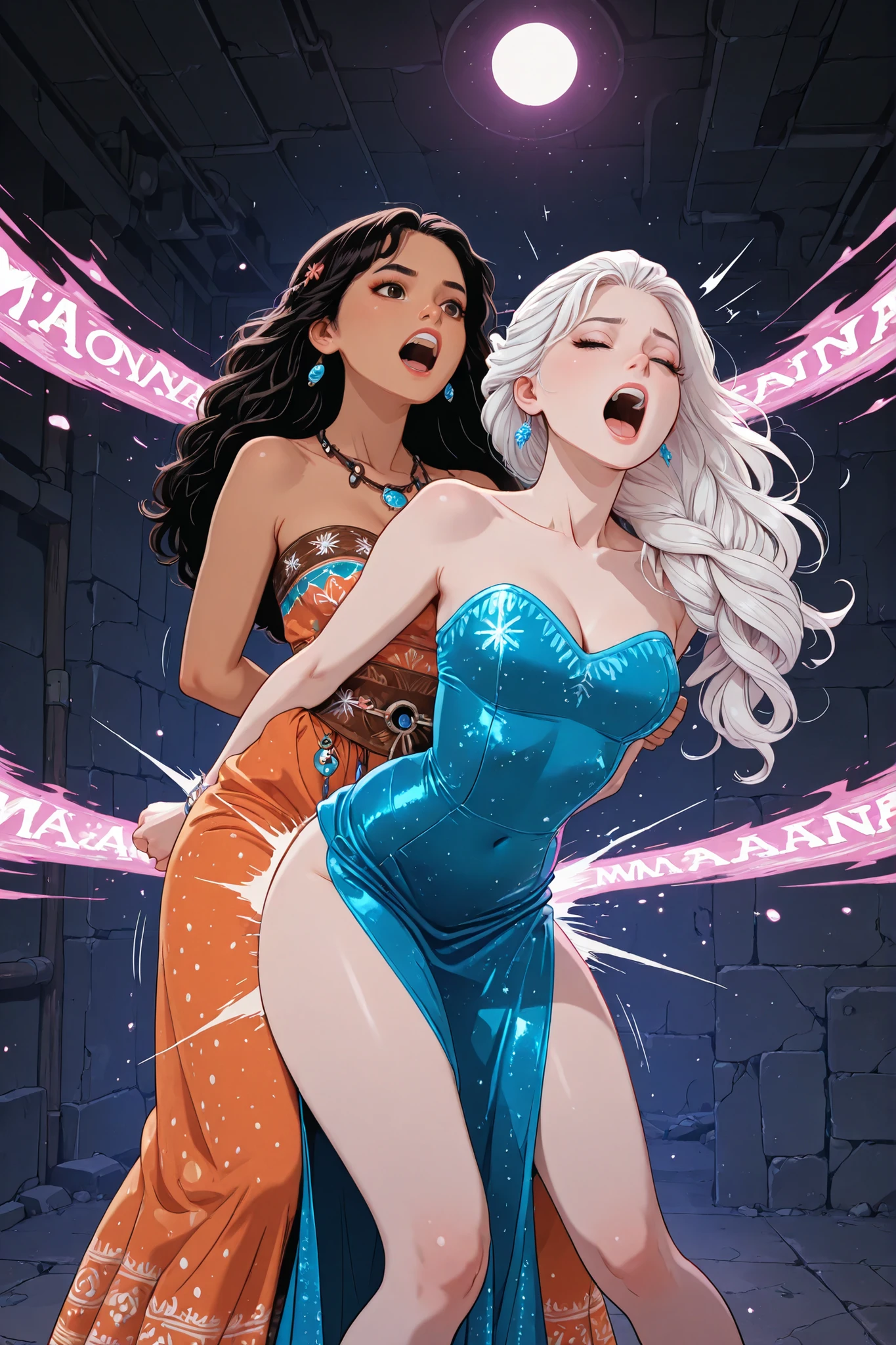 Mistress, best quality, detailed illustration, fetishes, 2 girls, young girl,  fight, girl fight, ( costumes, Disney costumes), motion lines, (Girl 1, curvy, long brown curly hair: 1.0, brown eyes, Moana costume, short orange dress), (Girl 2, slim, long white hair, Elsa Frozen costume, short blue dress, exposed thighs, blue eyes), screaming, pain, agony, (setting: nightclub, neon) BREAK Girl 1 dominates Girl 2, fight, [Girl 1: Riding backwards, arms grabbing, hands behind back, pulling very hard, thick thighs, exploding, scream of rage, looking down], [Girl 2: Pain, eyes closed, mouth open, desperate, looking forward], size difference, cinematic lighting, perfect , 8k,
