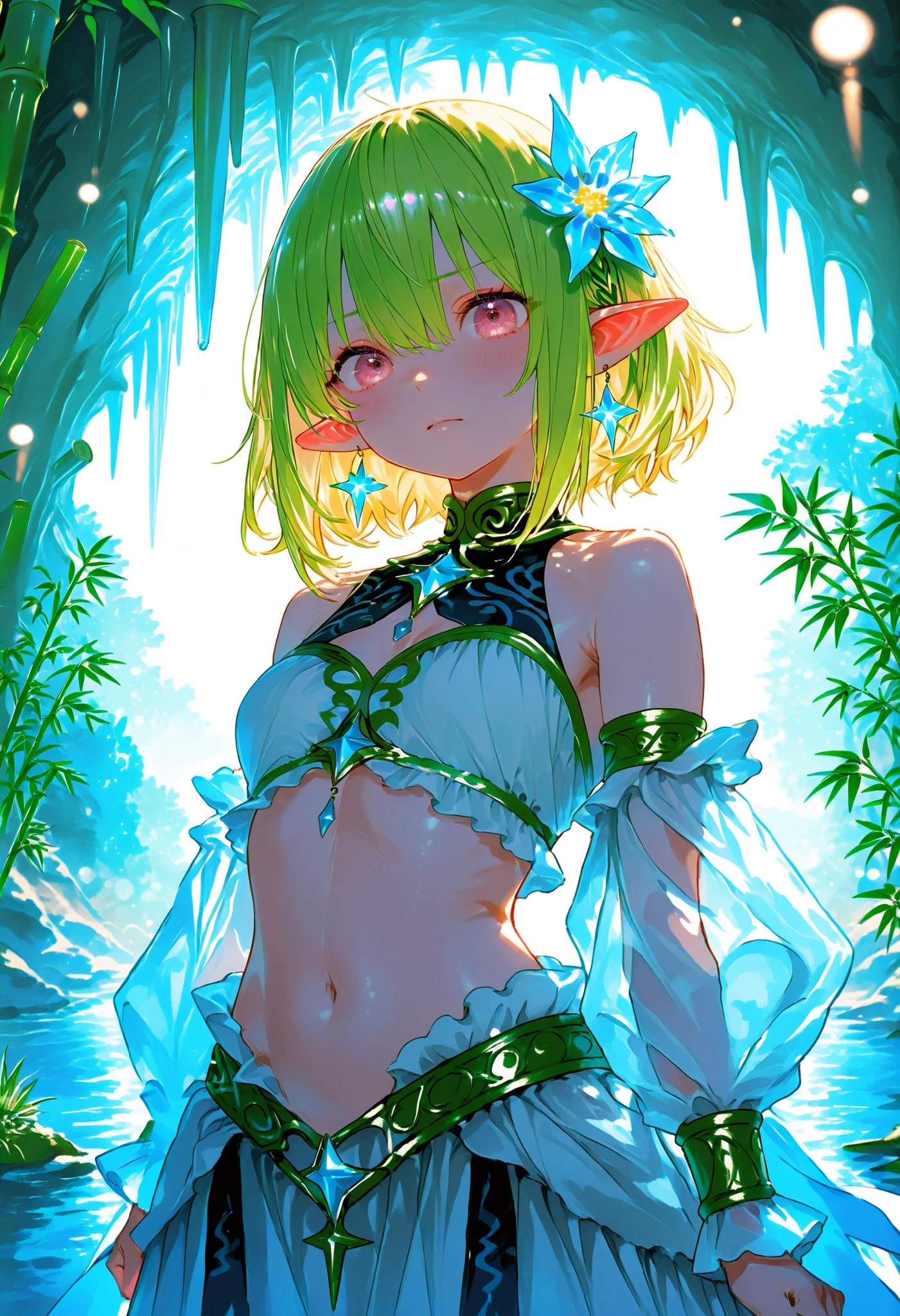 A girl who goes on an adventure in a huge underground cave in search of sparkling ores、cowboy shot、slender body、serious expression、Attitudes Like Leading Explorers，((There are countless ferns growing))、Bamboo is not growing、Bright Ore Shining in the Dark、A fantastic underground lake、 Chokehole、Stalagmite 、Beautiful Scenery Woven by Ice Bamboo Shoots、Complex Stratigraphic Structures Over Time、Mankind's First Subterranean Expedition、grand and mystical atmosphere high resolution、super definition、Realistic、High Quality、4K、Pictorial Texture、Professional Finish、soft lighting、Highly Detailed Paintings、physics-based rendering、vivid colors、bokeh