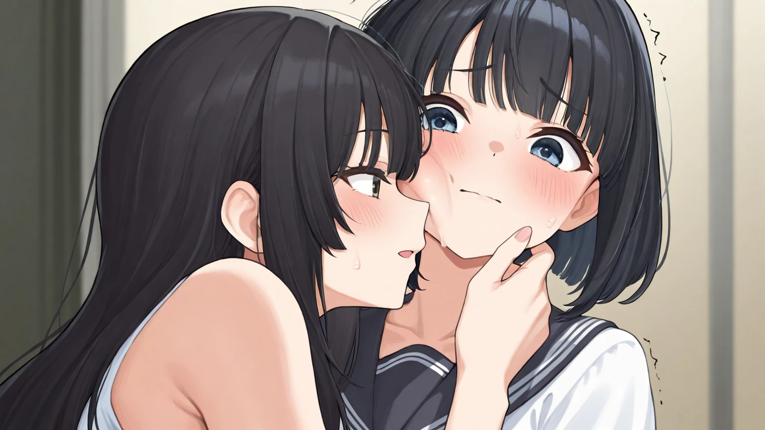 2girls, lily, tiny girl, young girl, mesugaki, mesugaki smile, tidy, yoing lady, long hair, Black hair, short cut, micro ,frilled SKIRT, color, small , big , thick thighs, Teasing, naughty looks, heart eyes, Lower arm, Focus on the girl, glossly skin, oily skin, Gravure, pinup, junior idols, image video,  gestures, tongue sticking out, Drooling, lily kissing, tongue kissing, Close up of face, bust up, Masterpiece:2, Top Quality, high Quality, Very Detailed, ultra  High Resolution, super High Resolution, Beautiful Detail, Dynamic angles, perfect lighting, 8k, Animation Style, cartoon style, game cg, 