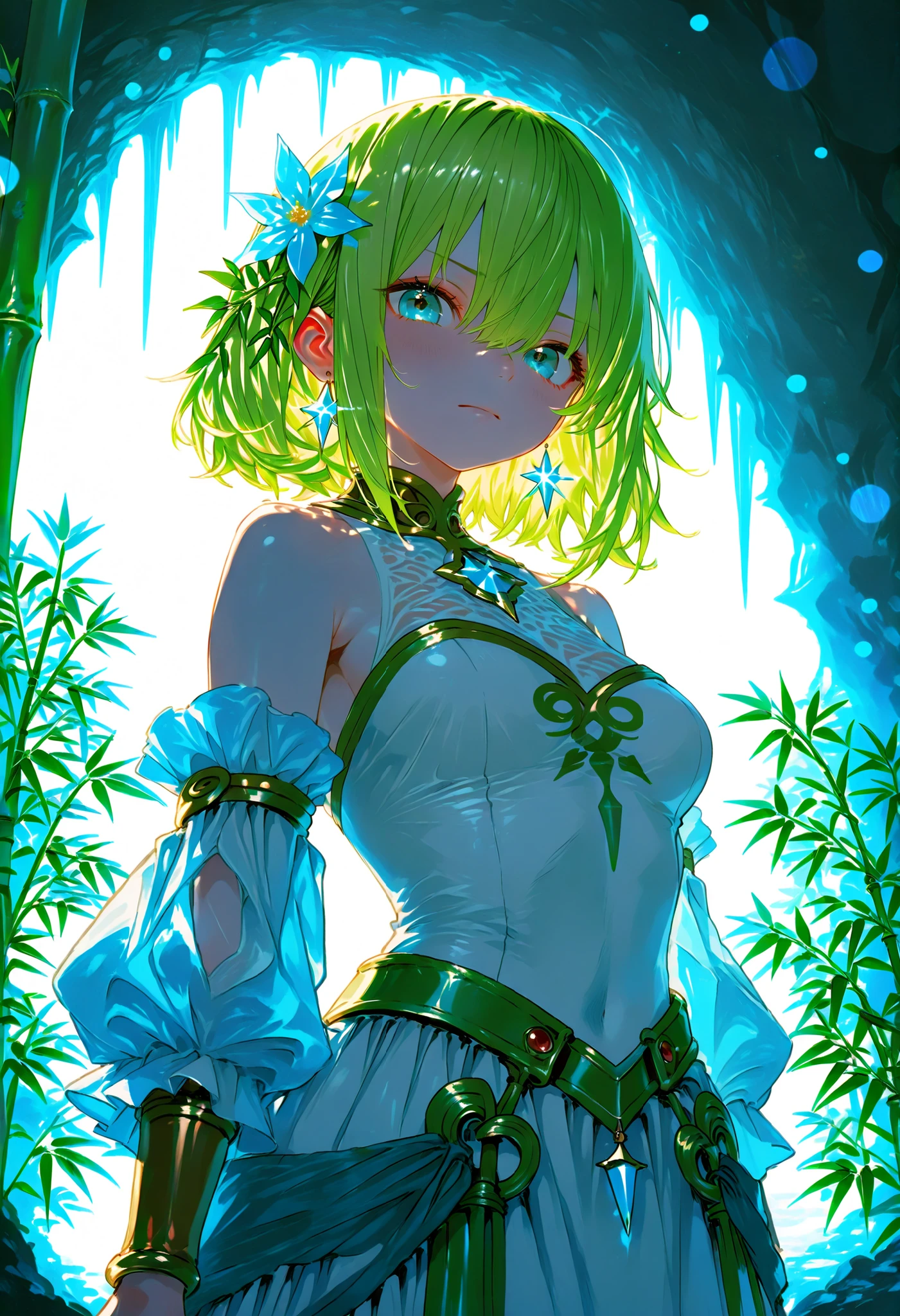 A girl who goes on an adventure in search of sparkling ores in a huge underground cave、cowboy shot、slender body、serious expression、Attitudes Like Leading Explorers，((There are countless ferns growing))、Bamboo is not growing、Bright Ore Shining in the Dark、A fantastic underground lake、 Chokehole、Stalagmite 、Beautiful Scenery Woven by Ice Bamboo Shoots、Complex Stratigraphic Structures Over Time、Mankind's First Subterranean Expedition、grand and mystical atmosphere high resolution、super definition、Realistic、High Quality、4K、Pictorial Texture、Professional Finish、soft lighting、Highly Detailed Paintings、physics-based rendering、vivid colors、bokeh